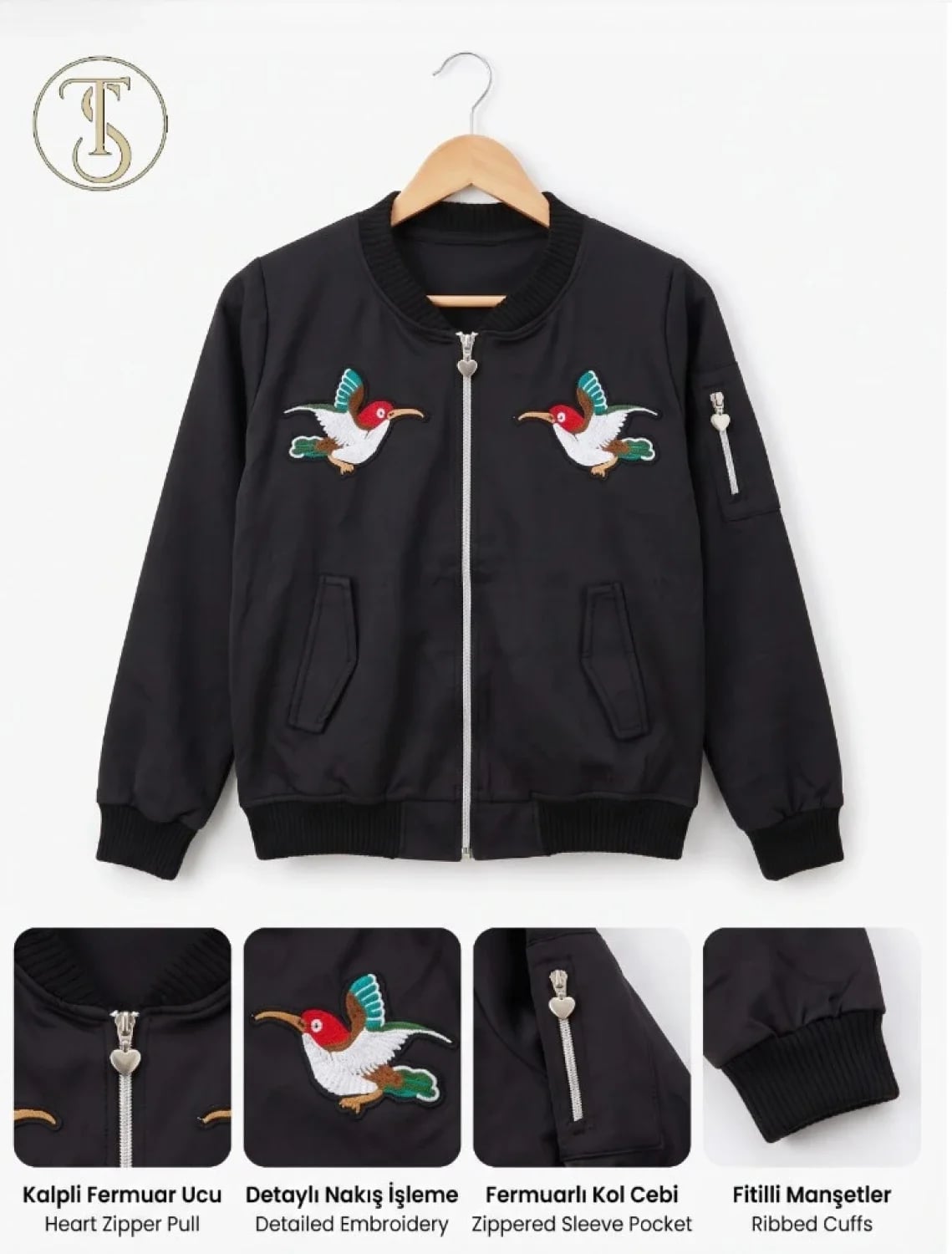 Embroidered Black Jacket with Hummingbird Design - Girls - Has Bereket - by Peralane