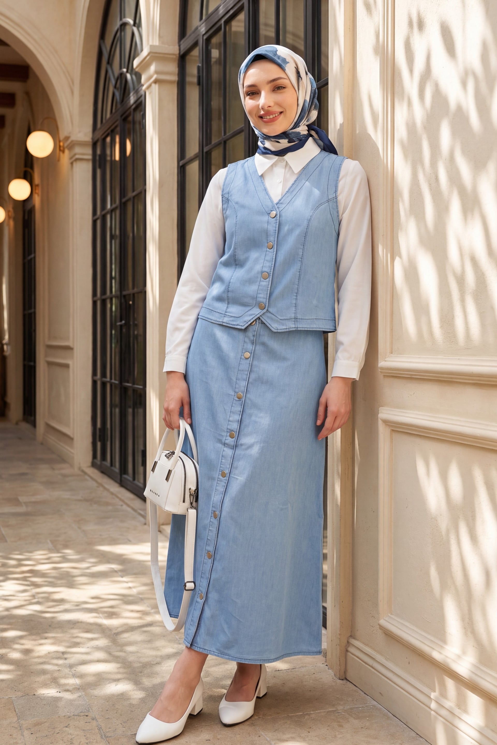 Buttoned Denim Vest and Skirt Co-ord Set - Light Blue - Podyumplus - by Peralane - photo 2