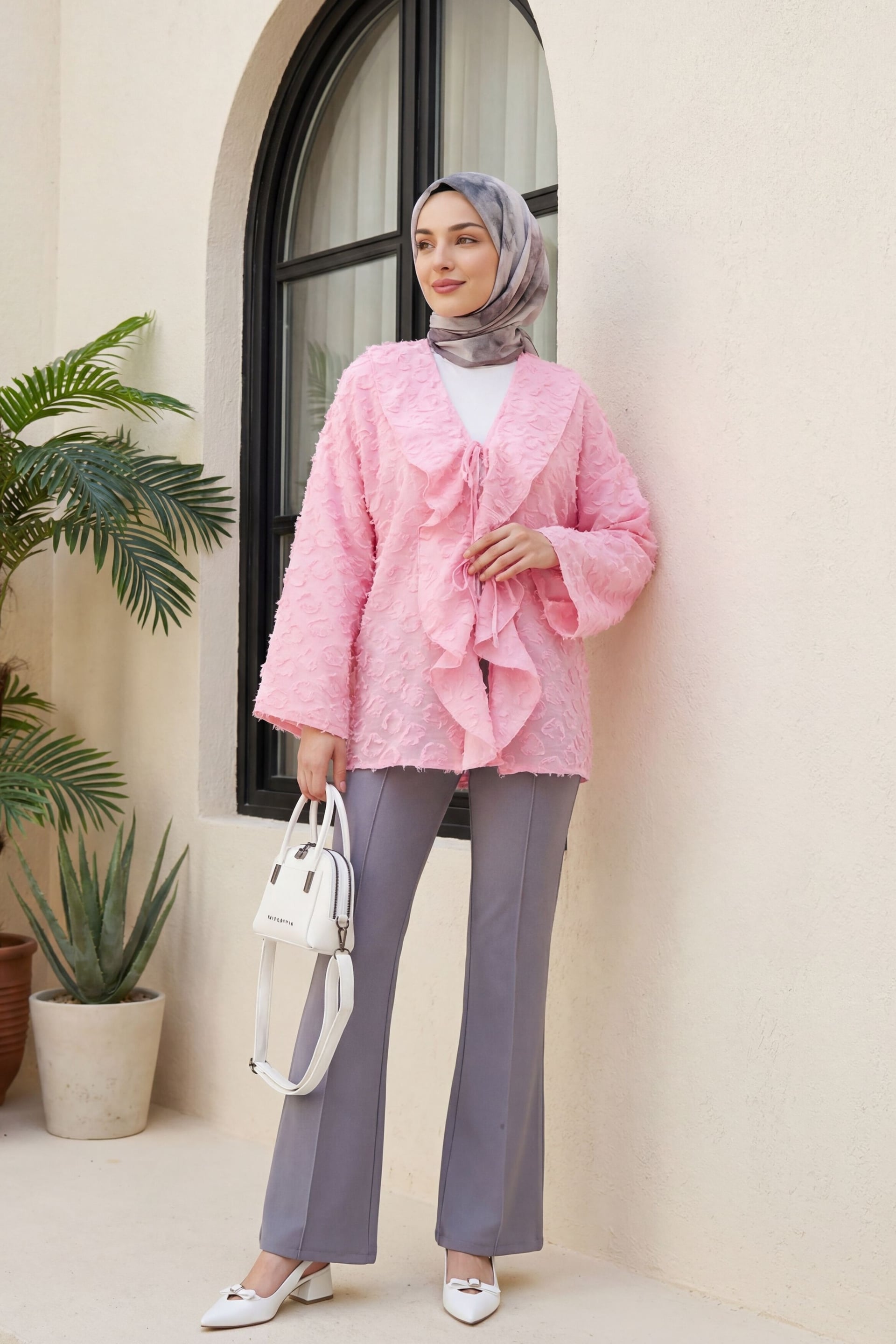 Pink Tie-Front Ruffled Jacquard Kimono Blouse - Podyumplus - by Peralane - photo 3