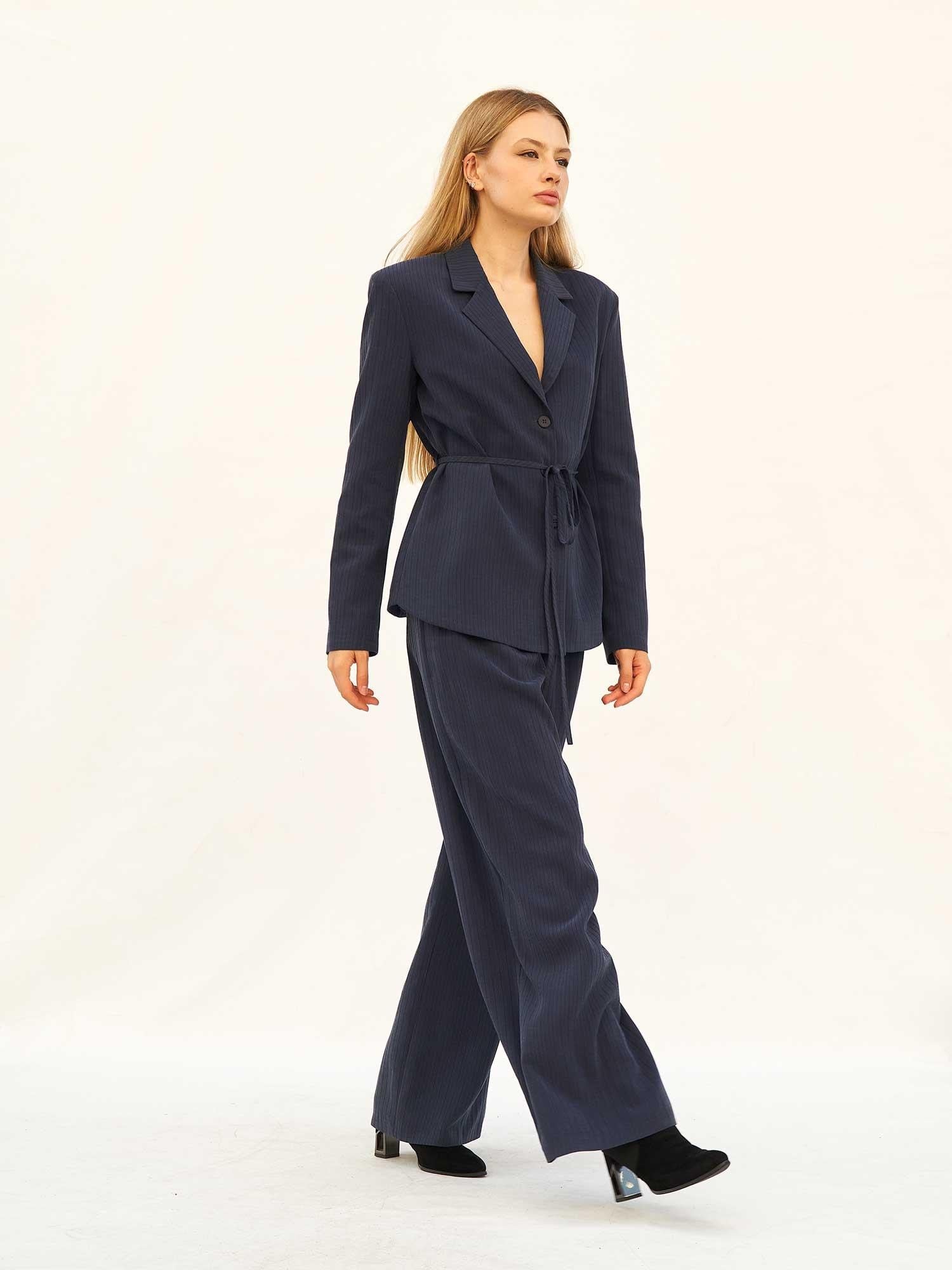 Navy Pinstripe Blazer and Wide-Leg Trousers Set - Lefon - by Peralane - photo 2