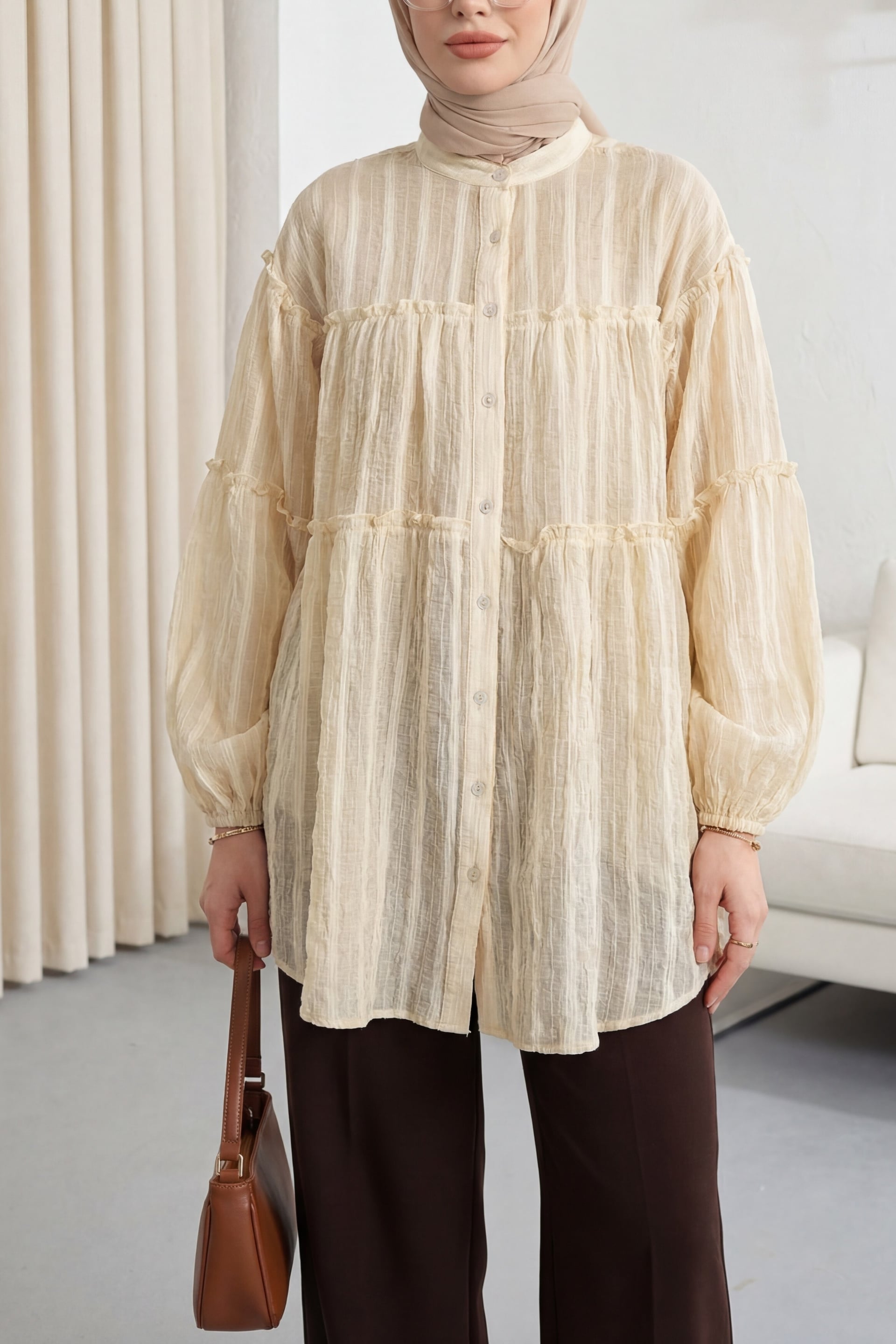 Band Collar Sequin Stripe Balloon Sleeve Oversize Gofre Tunic - Light Yellow - Podyumplus - by Peralane