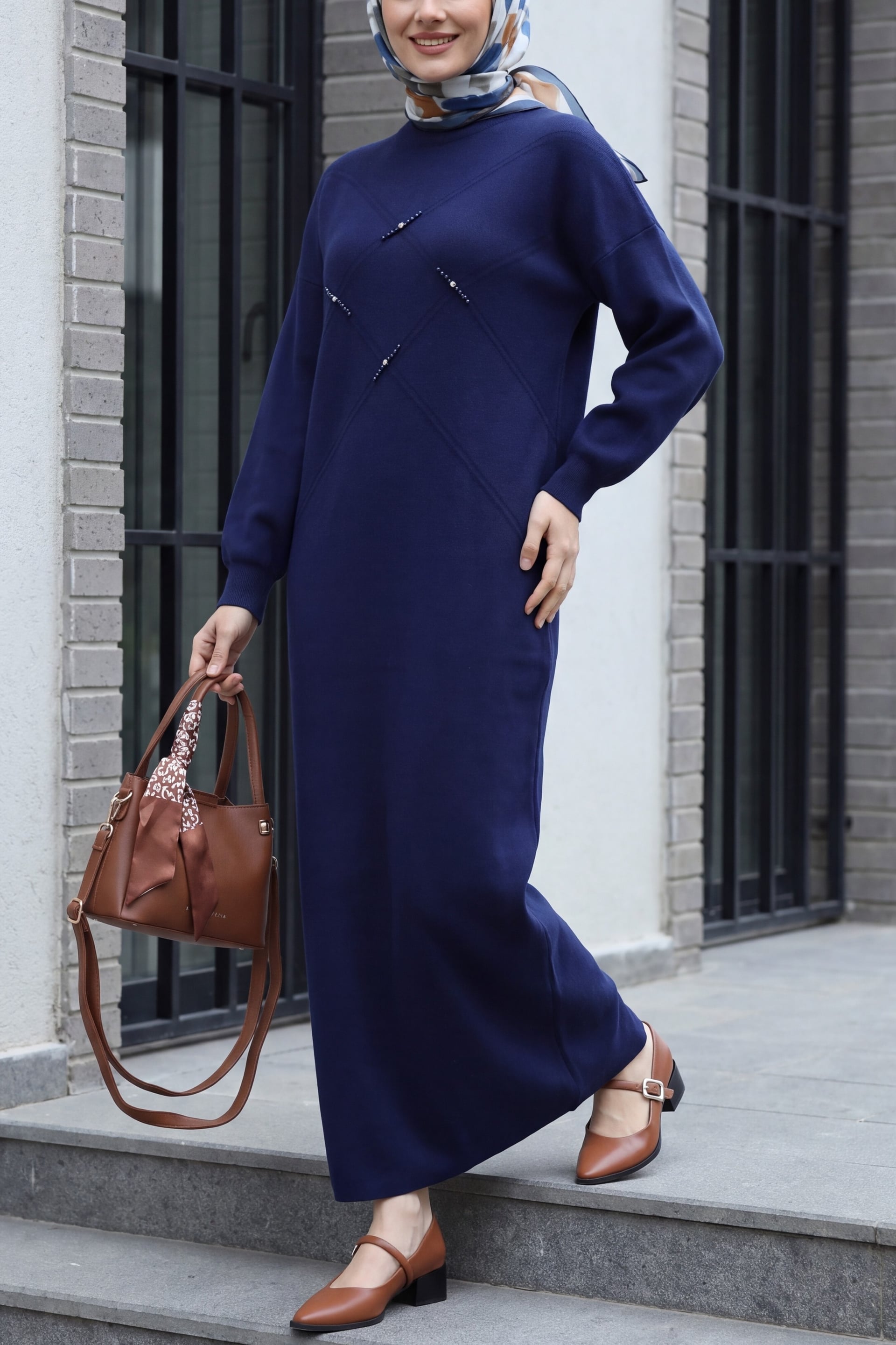 Beaded Patterned Knit Dress in Navy - Podyumplus - by Peralane - photo 4