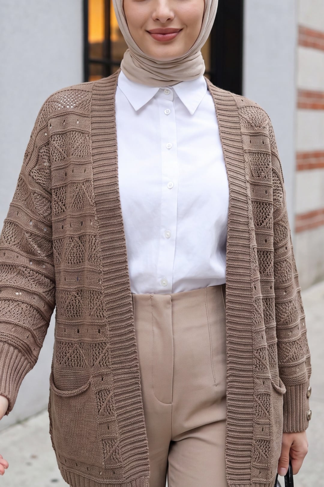 Open-Front Textured Knit Cardigan with Pockets - Light Brown - Podyumplus - by Peralane - photo 3
