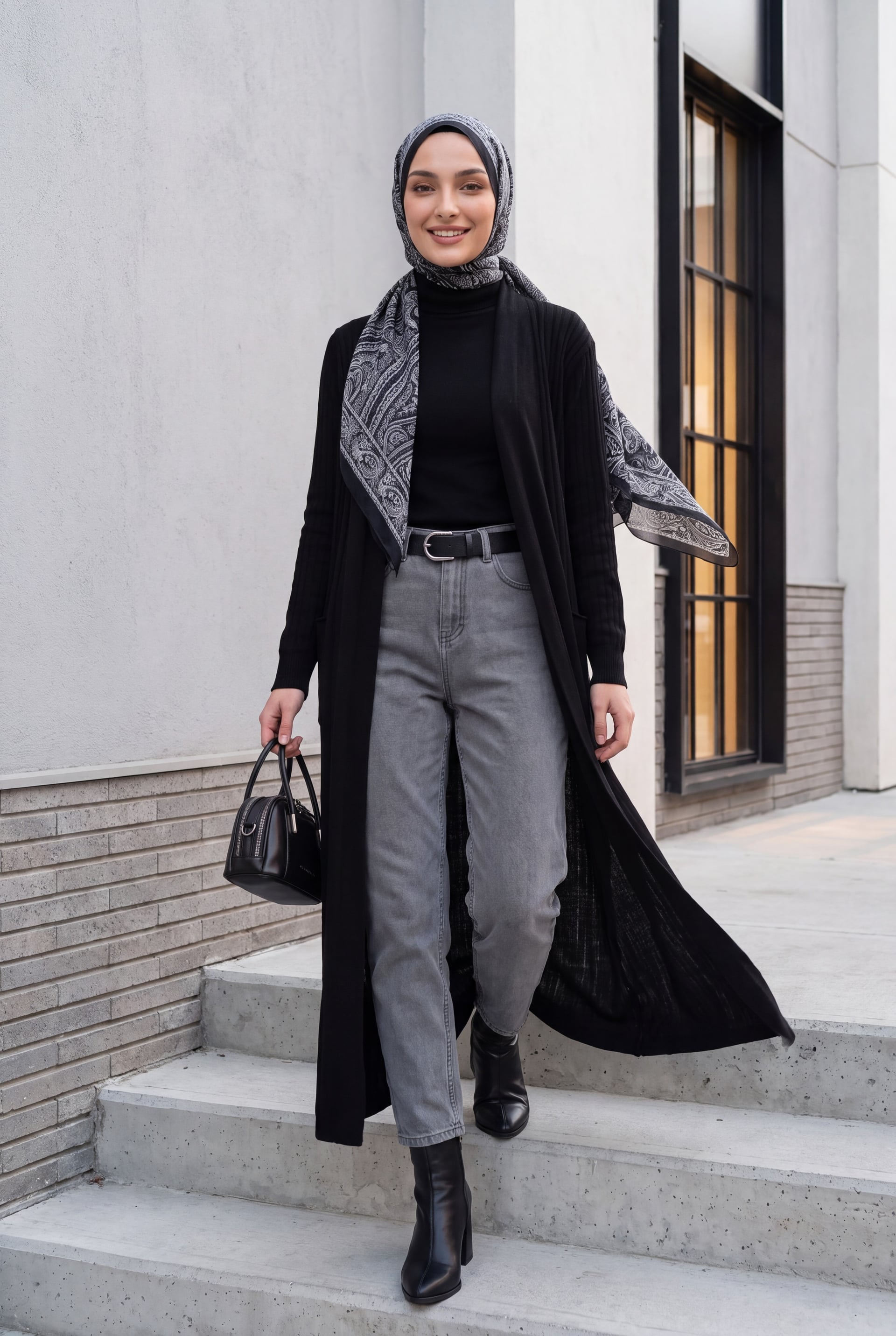 Long Ribbed Knit Cardigan with Belt - Black - Bigdart - by Peralane - photo 3
