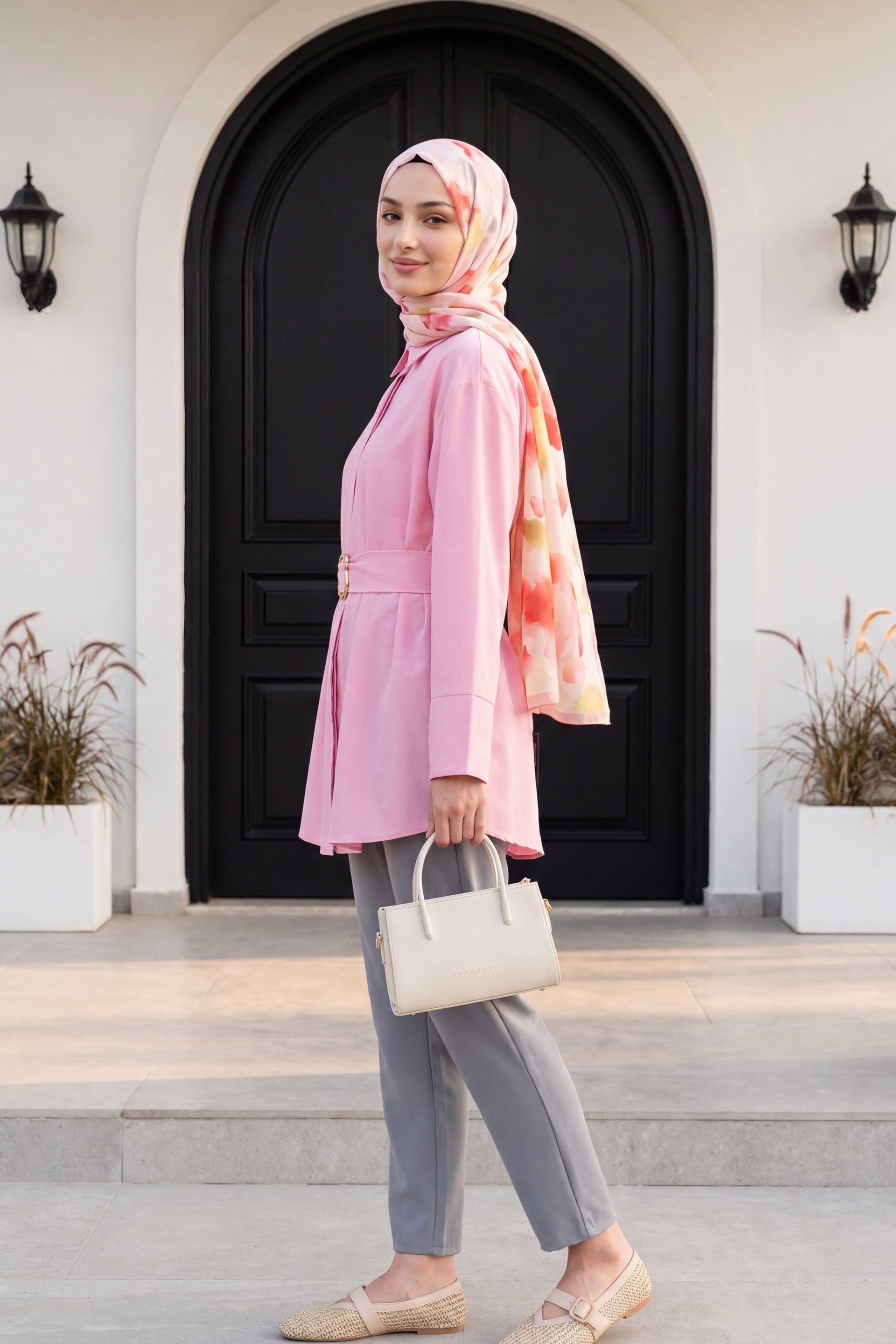 Pink Poplin Tunic with Buckled Belt and Double Cuff Sleeves - Podyumplus - by Peralane - photo 5