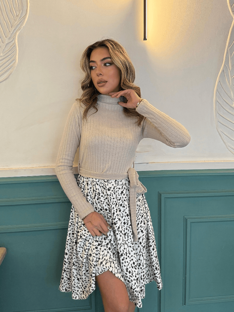 Women's Long Sleeve Turtleneck Tie Waist Dress with Floral Skirt - Janes - by Peralane - photo 4