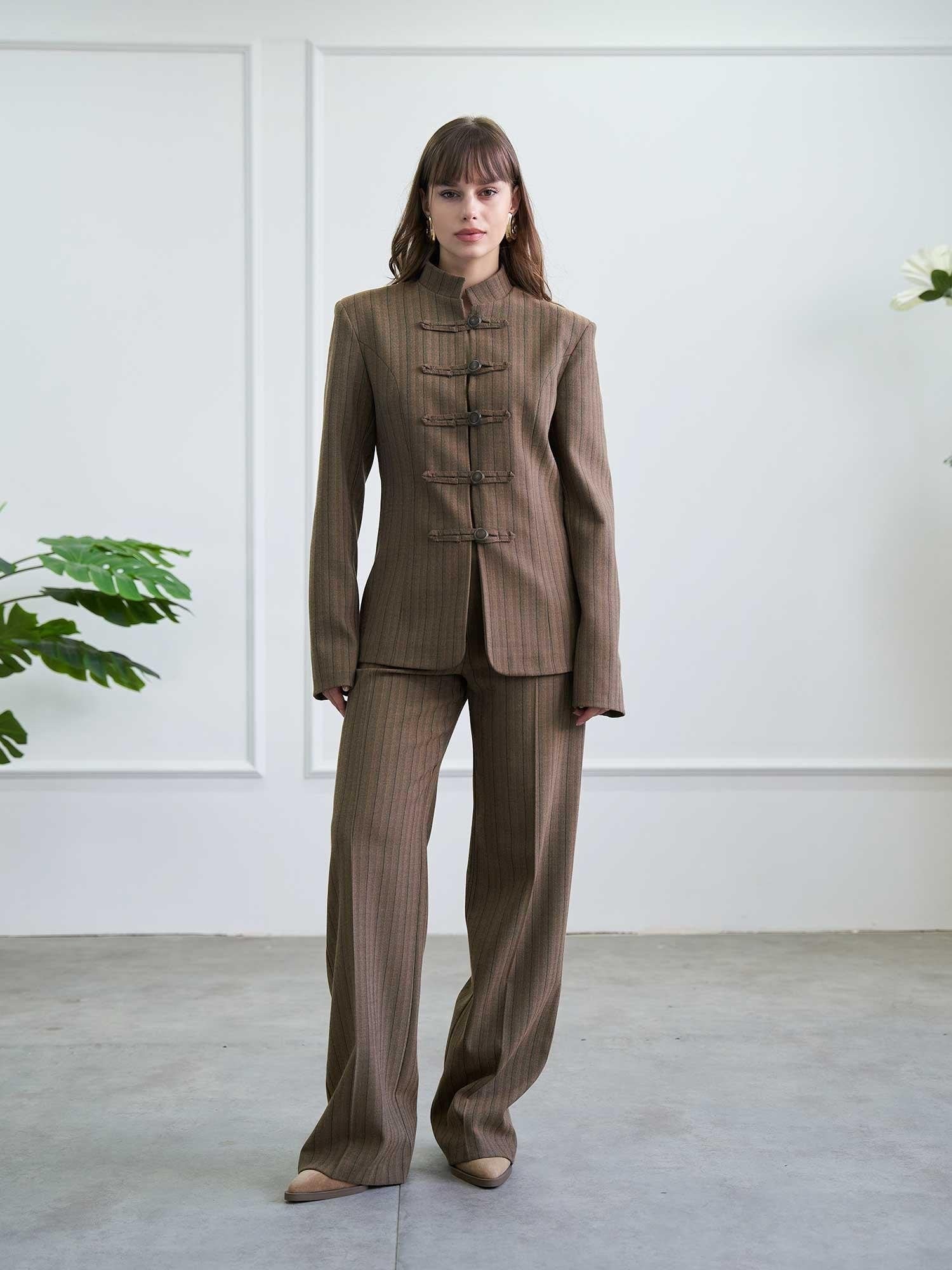 Brown Mandarin Collar Jacket and Wide-Leg Trousers Co-ord Set - Lefon - by Peralane