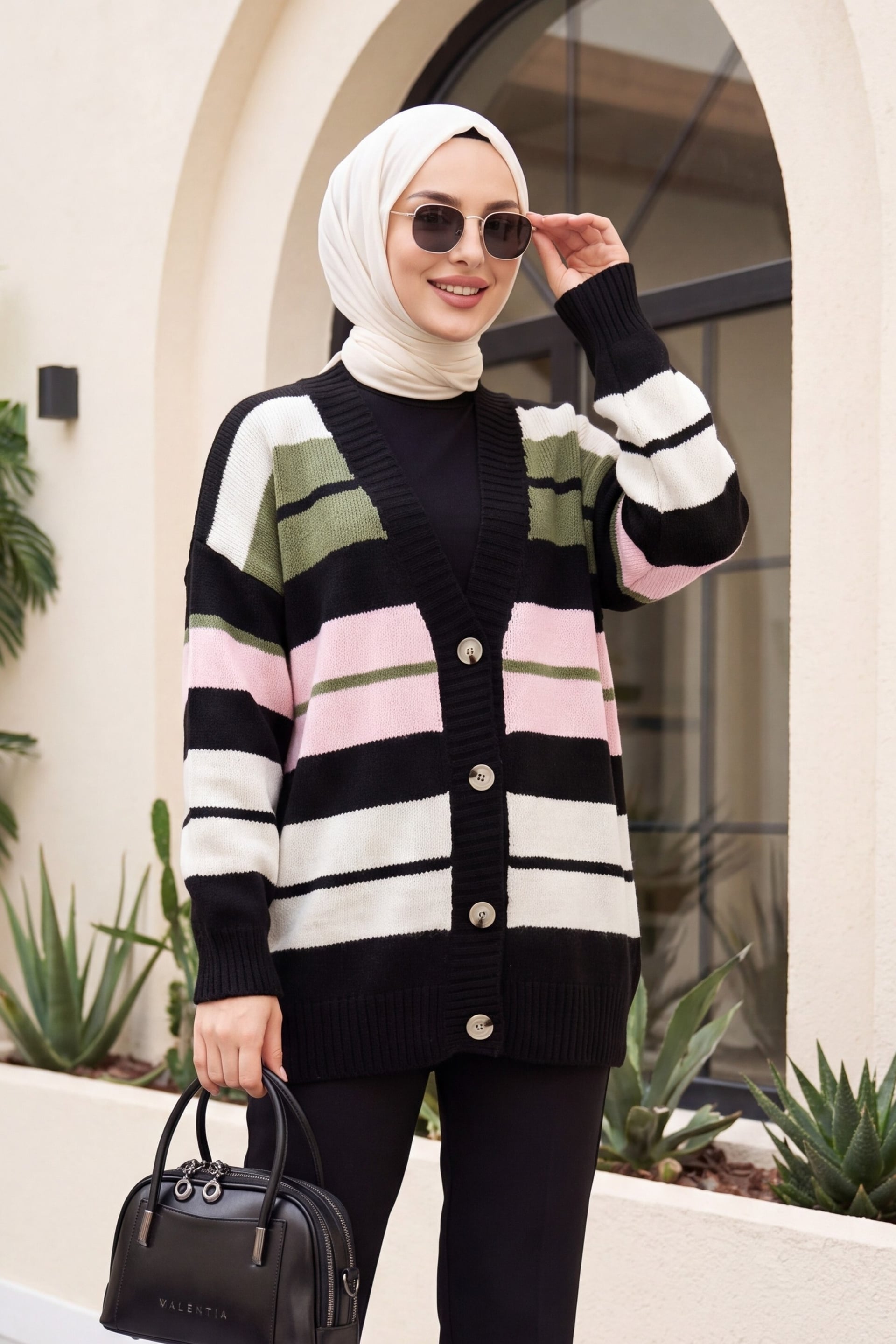 V-Neck Colorful Stripe Buttoned Relaxed Fit Knit Cardigan - Pink - Podyumplus - by Peralane