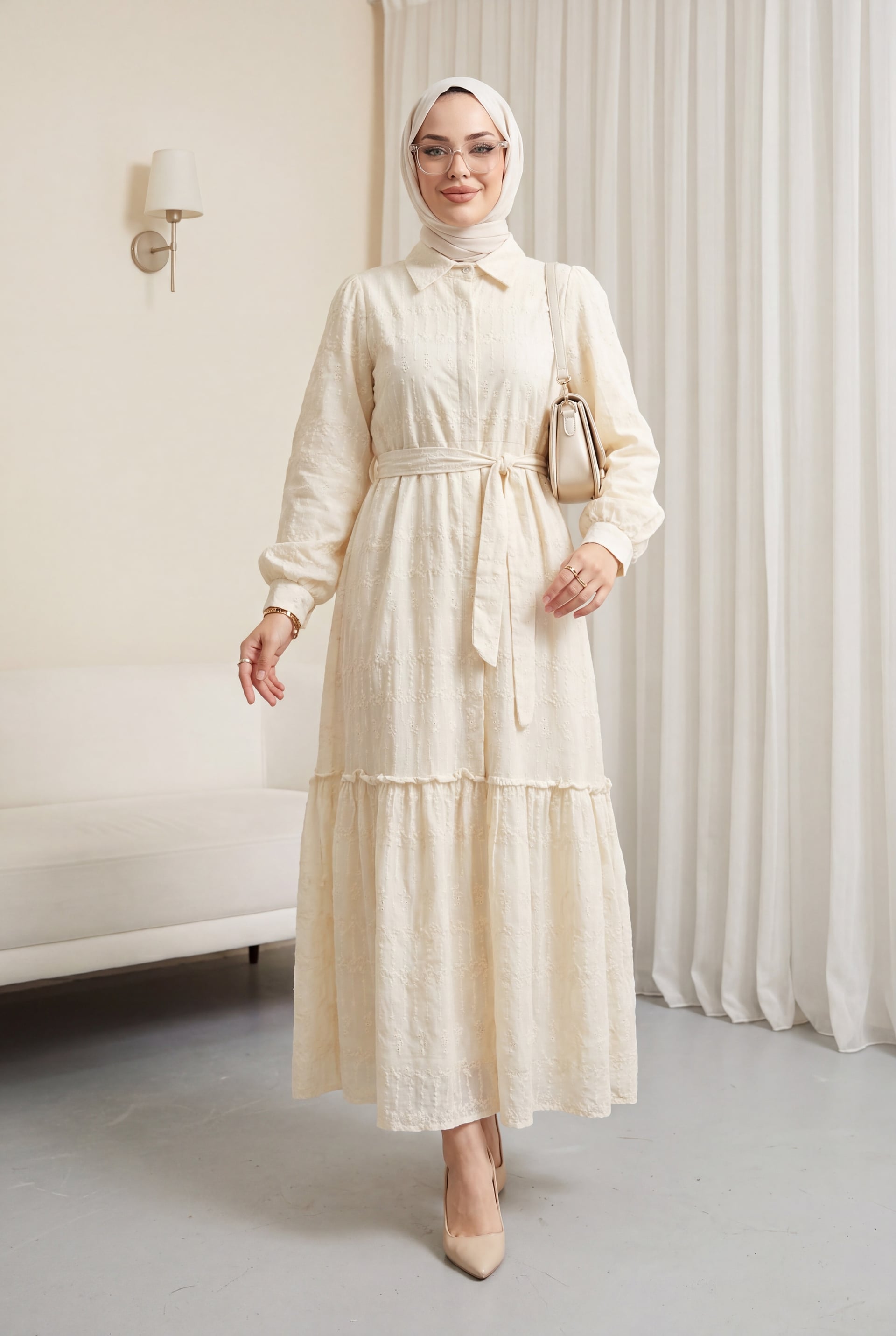 Half-Button Waist-Tied Lined Guipure Embroidered Cotton Dress - Ecru - Podyumplus - by Peralane