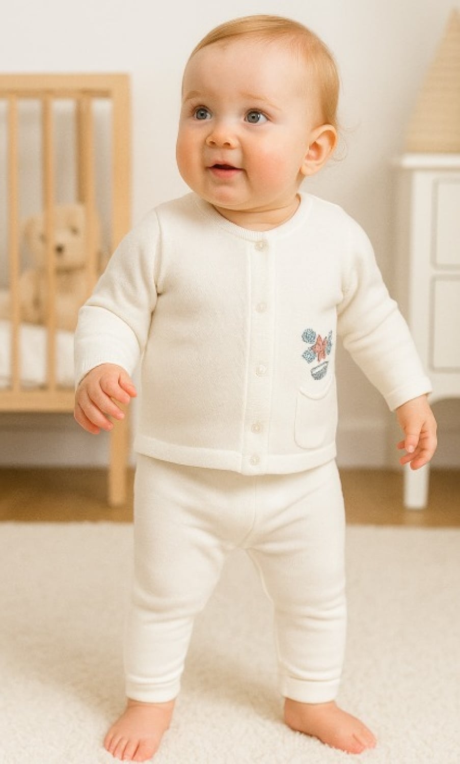 Knitted 2-Piece Baby Set with Pockets and Embroidery Details - 1010 - Has Bereket - by Peralane