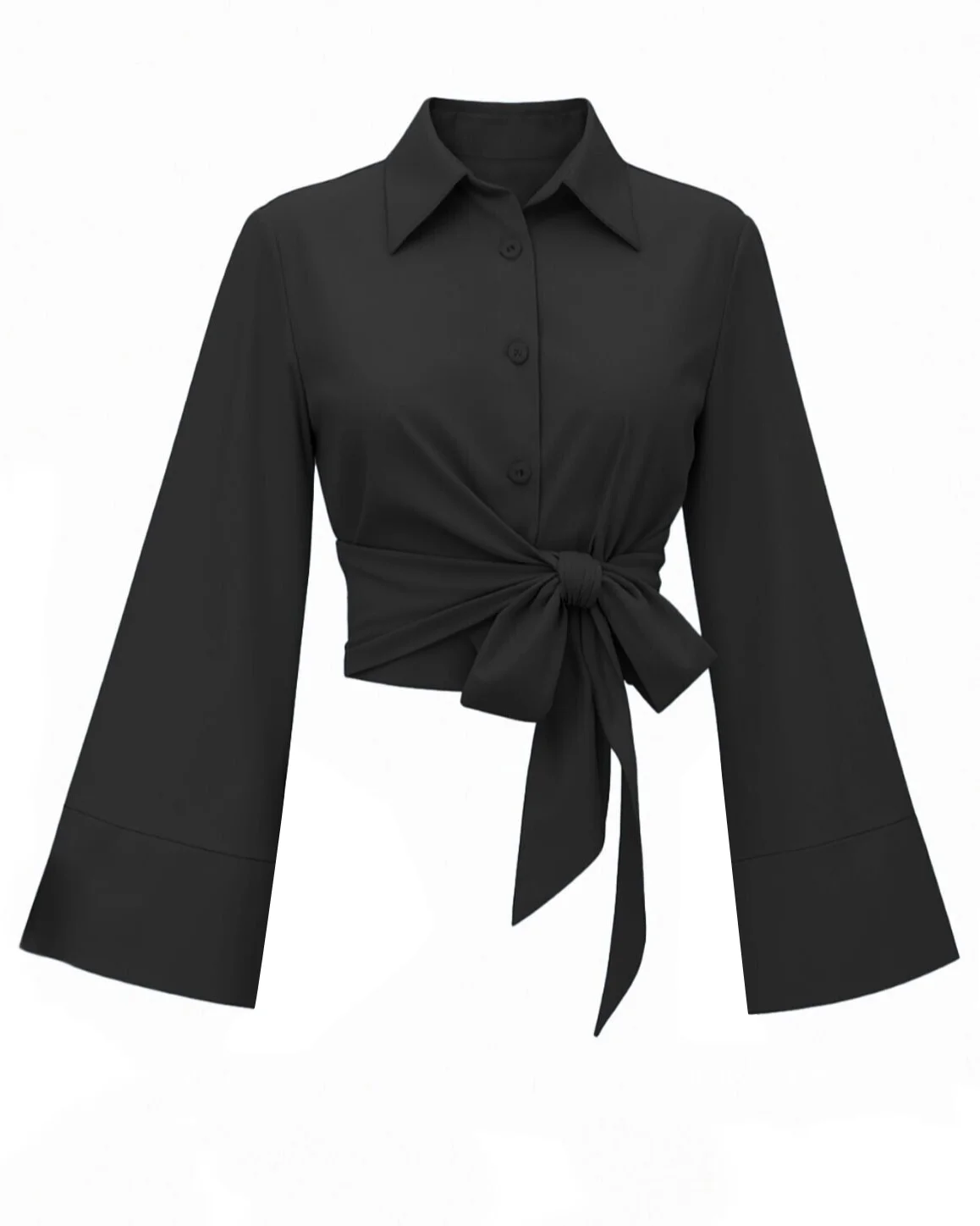 Black Tie-Waist Spanish Sleeve Poplin Blouse - Podyumplus - by Peralane - photo 3