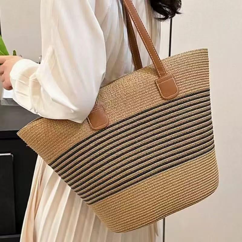 Camel and Black Striped Straw Tote Bag - Nesvay - by Peralane