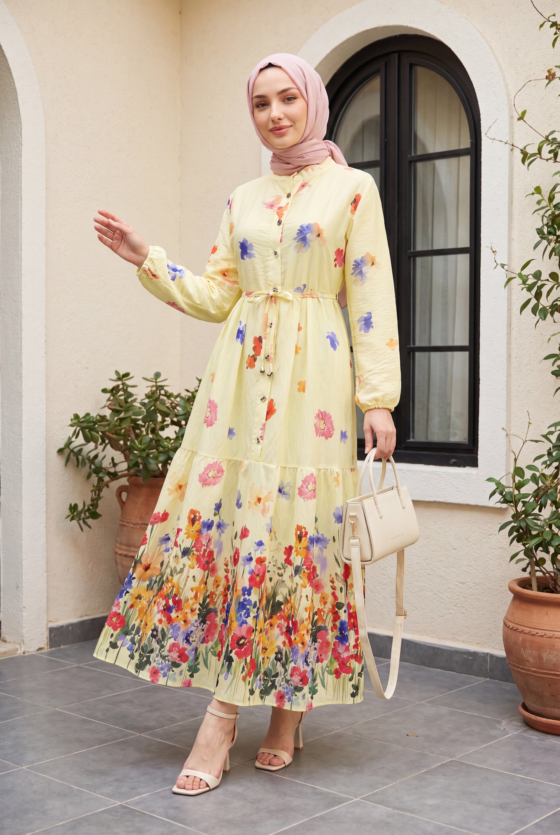 Floral Print Long-Sleeved Midi Dress with Tie Belt - Yellow - Podyumplus - by Peralane