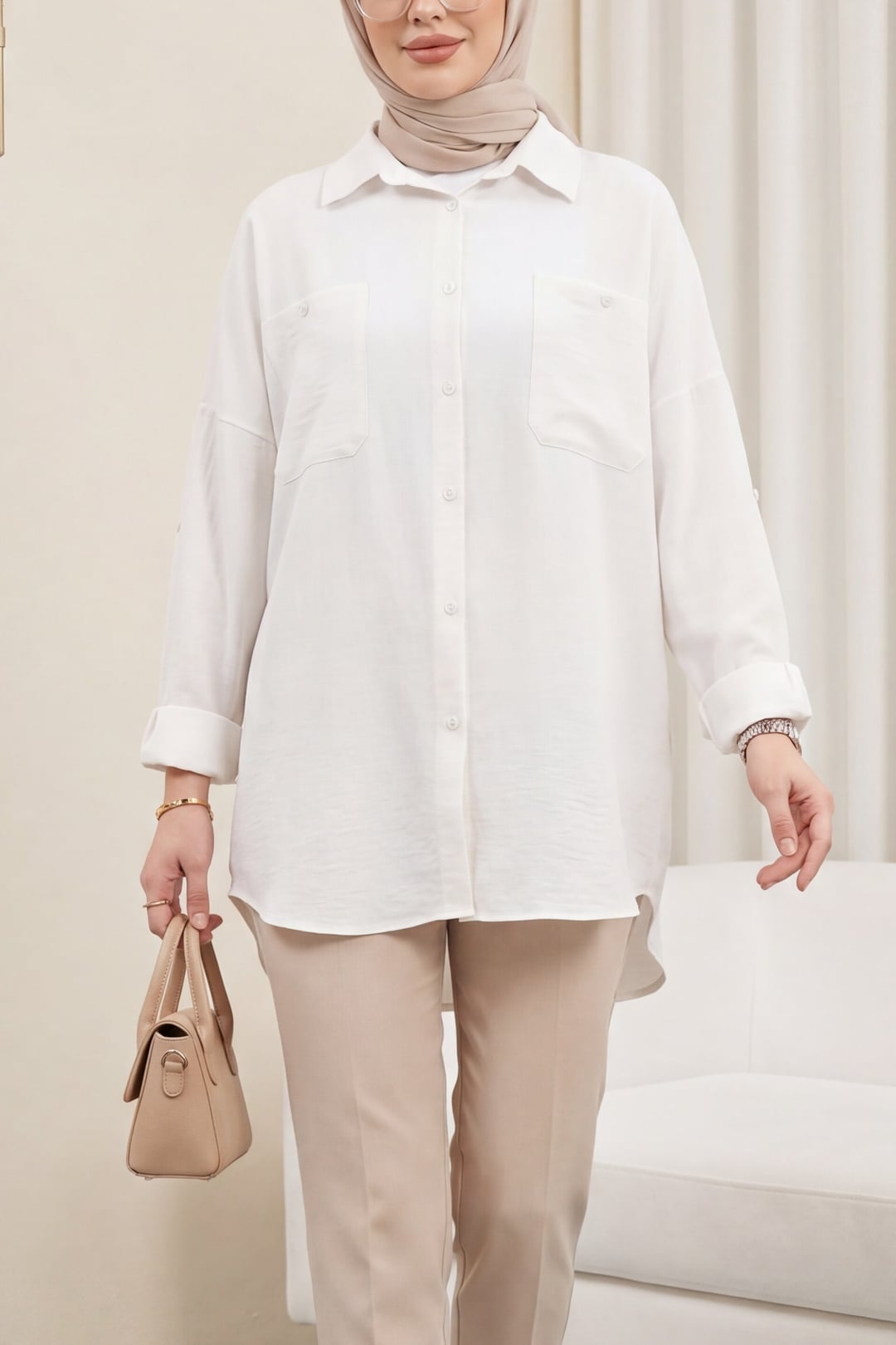White Double Pocket Oval Cut Long Sleeve Shirt Tunic - Podyumplus - by Peralane