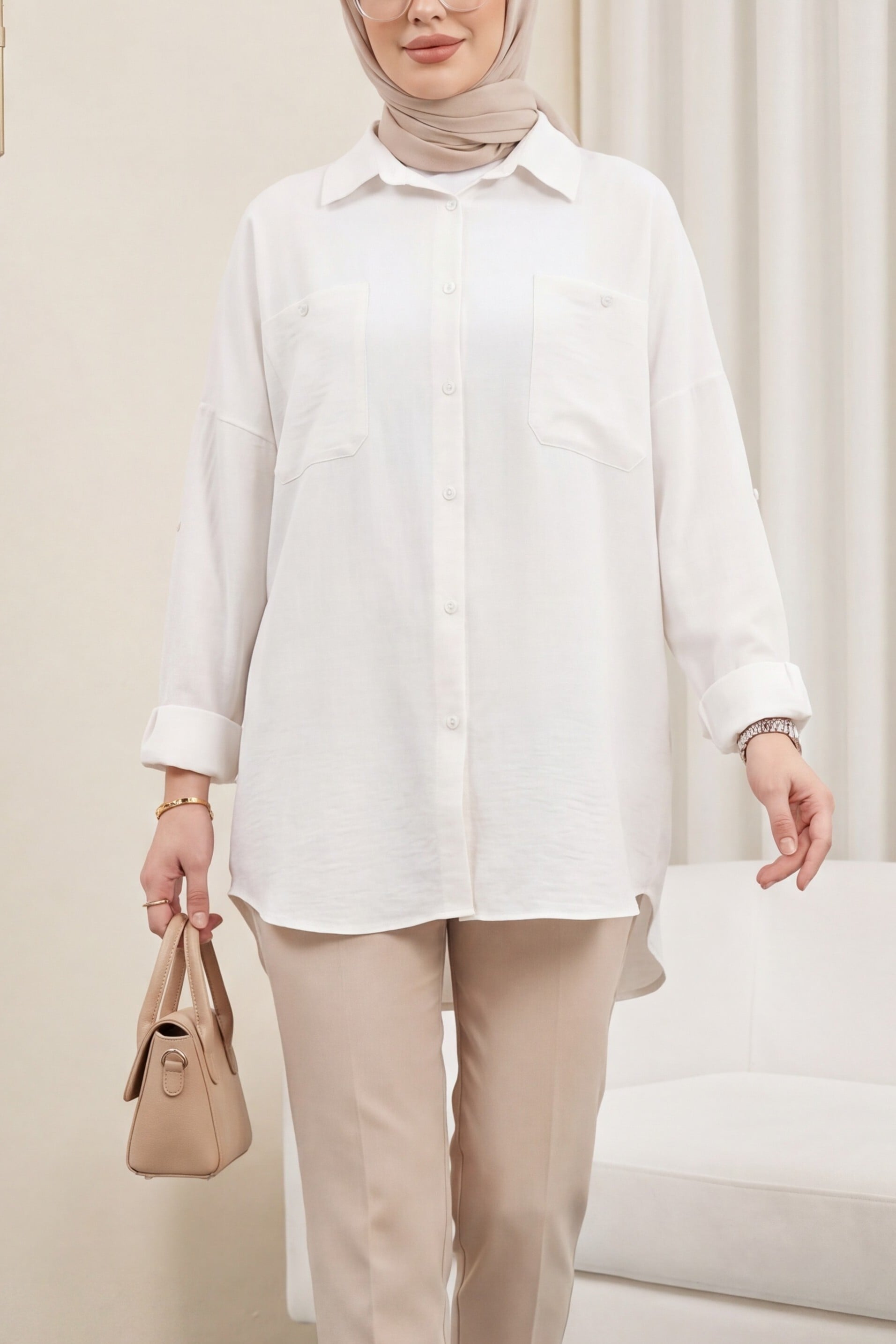 White Double Pocket Oval Cut Long Sleeve Shirt Tunic - Podyumplus - by Peralane