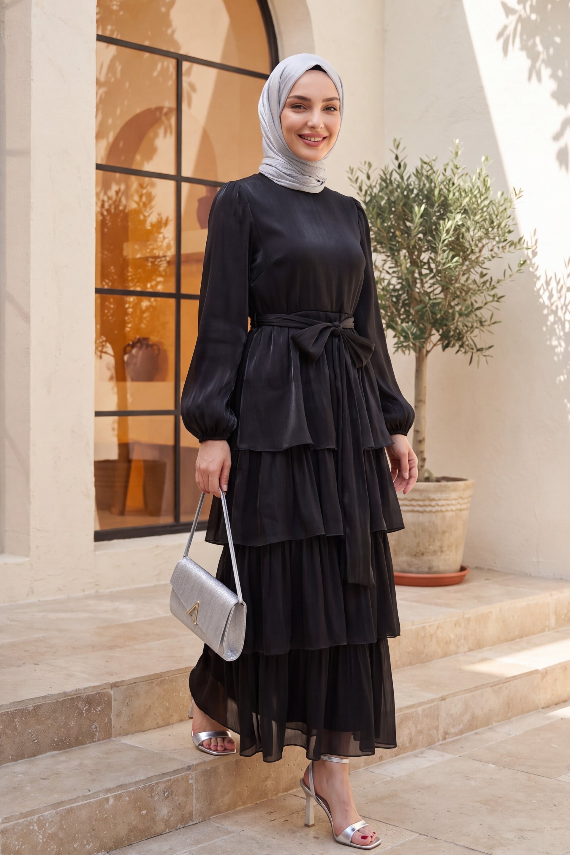 Black Long-Sleeved Tiered Maxi Dress with Elasticated Cuffs and Self-Tie Belt - Podyumplus - by Peralane