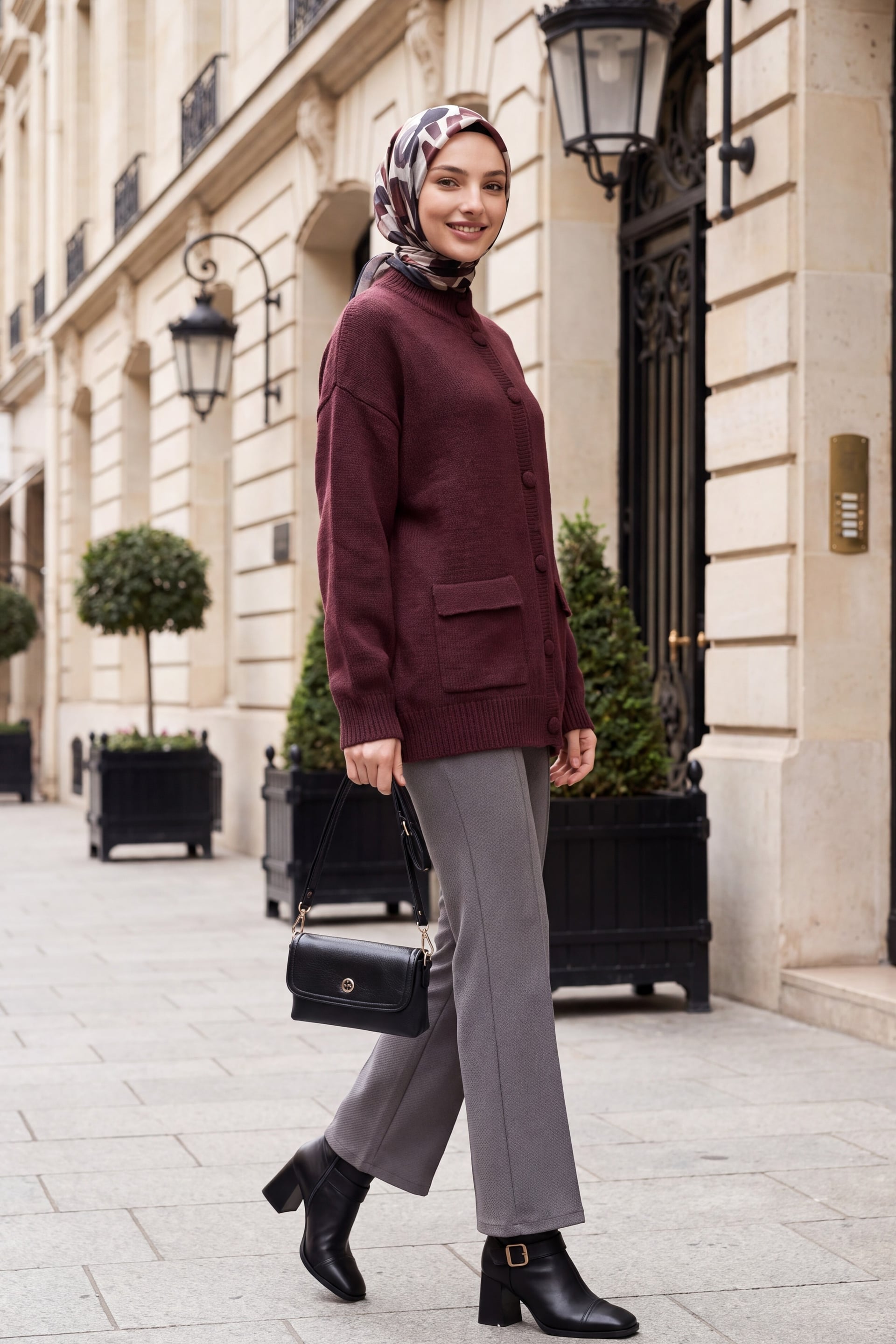Burgundy Button-Front Half-Collar Loose Knit Cardigan with Pockets - Podyumplus - by Peralane - photo 2