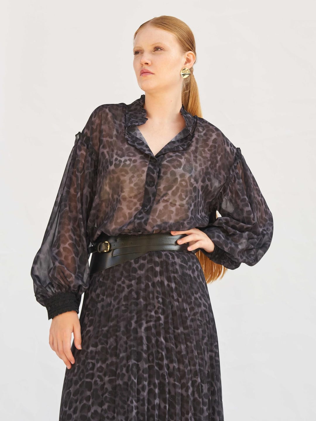 Leopard Print Sheer Blouse with Ruffled Collar - Lefon - by Peralane - photo 5