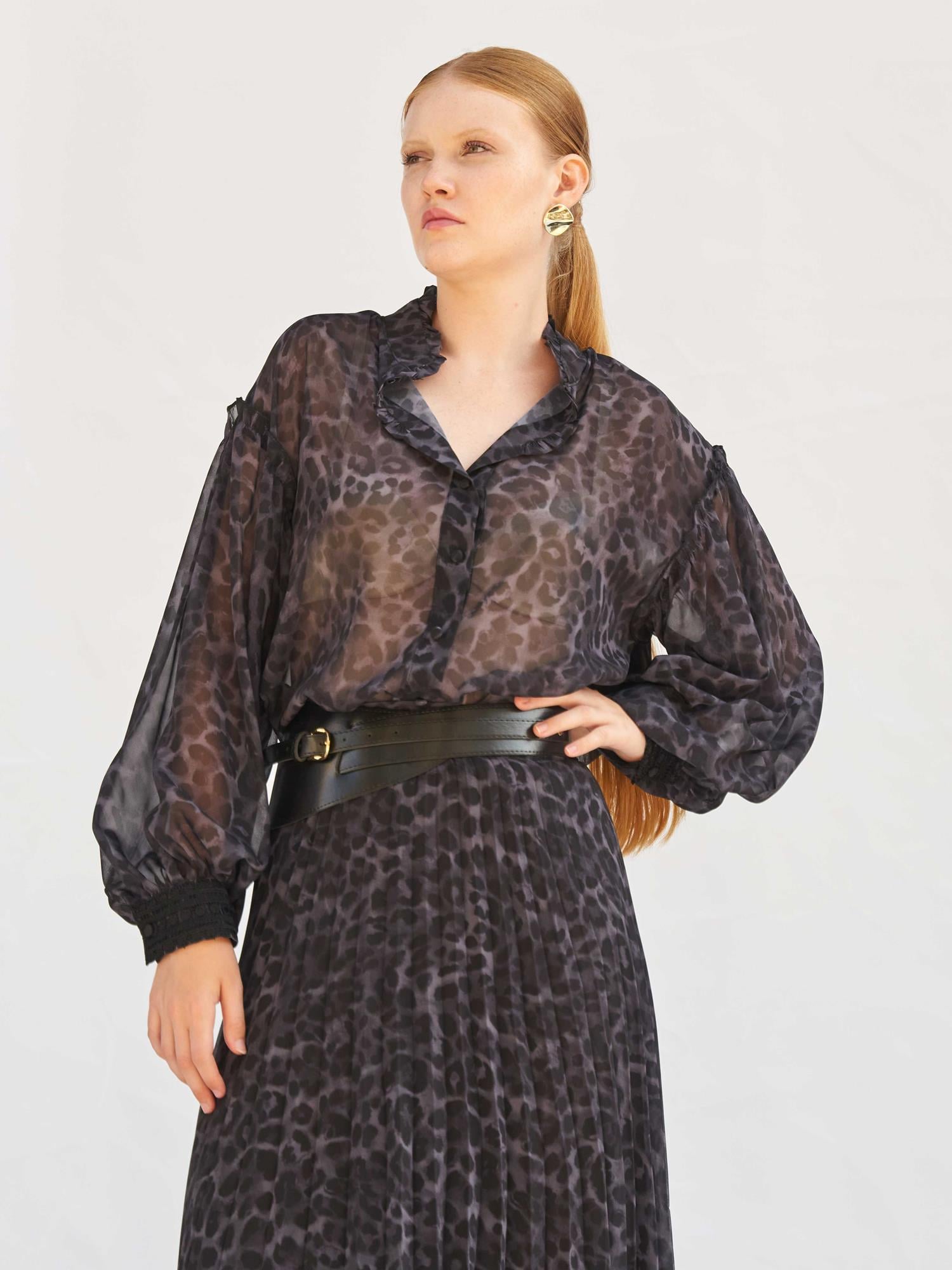 Leopard Print Sheer Blouse with Ruffled Collar - Lefon - by Peralane - photo 5