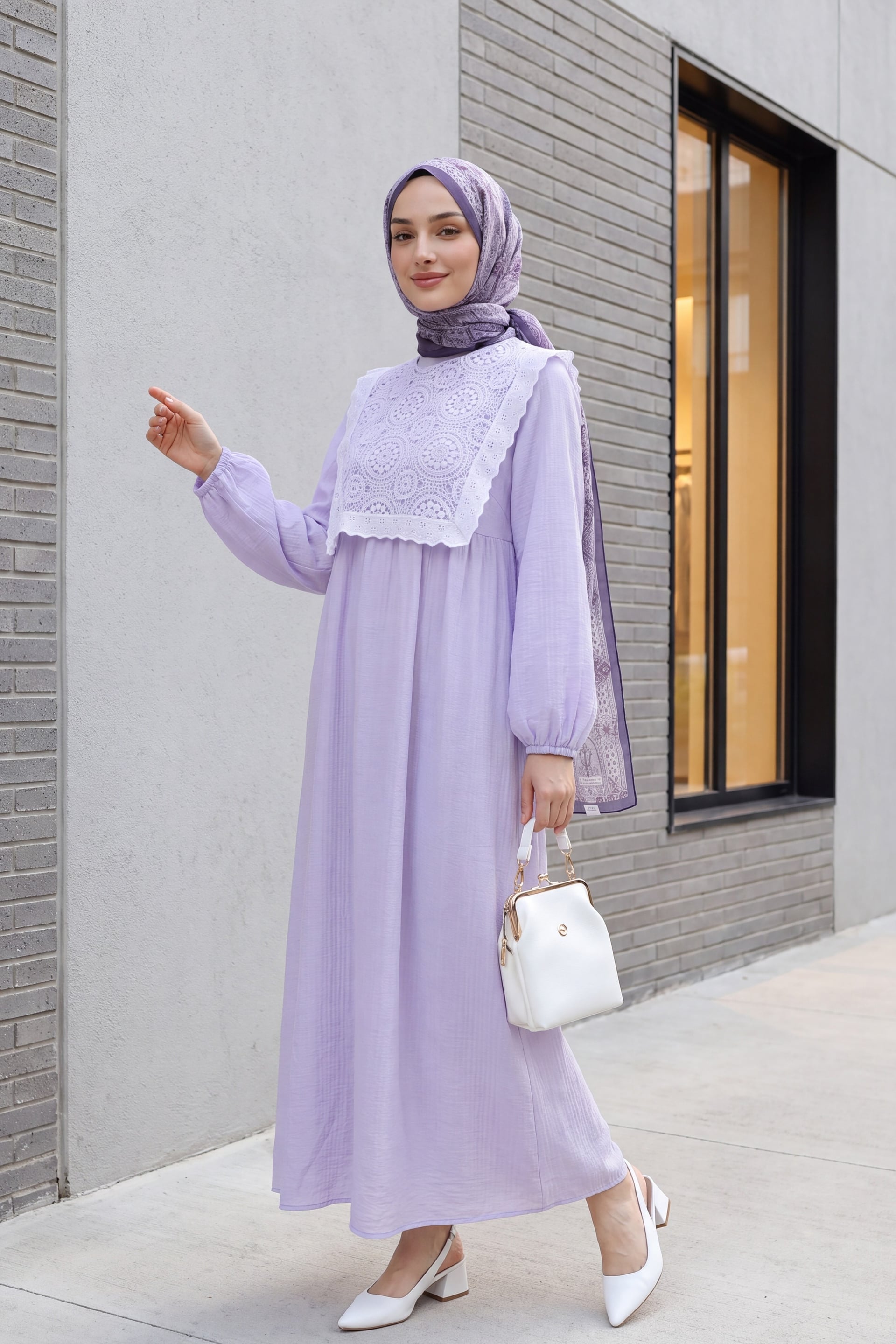 Removable Lace Vest Long Flowing Dress with Elastic Cuffs - Lilac - Podyumplus - by Peralane