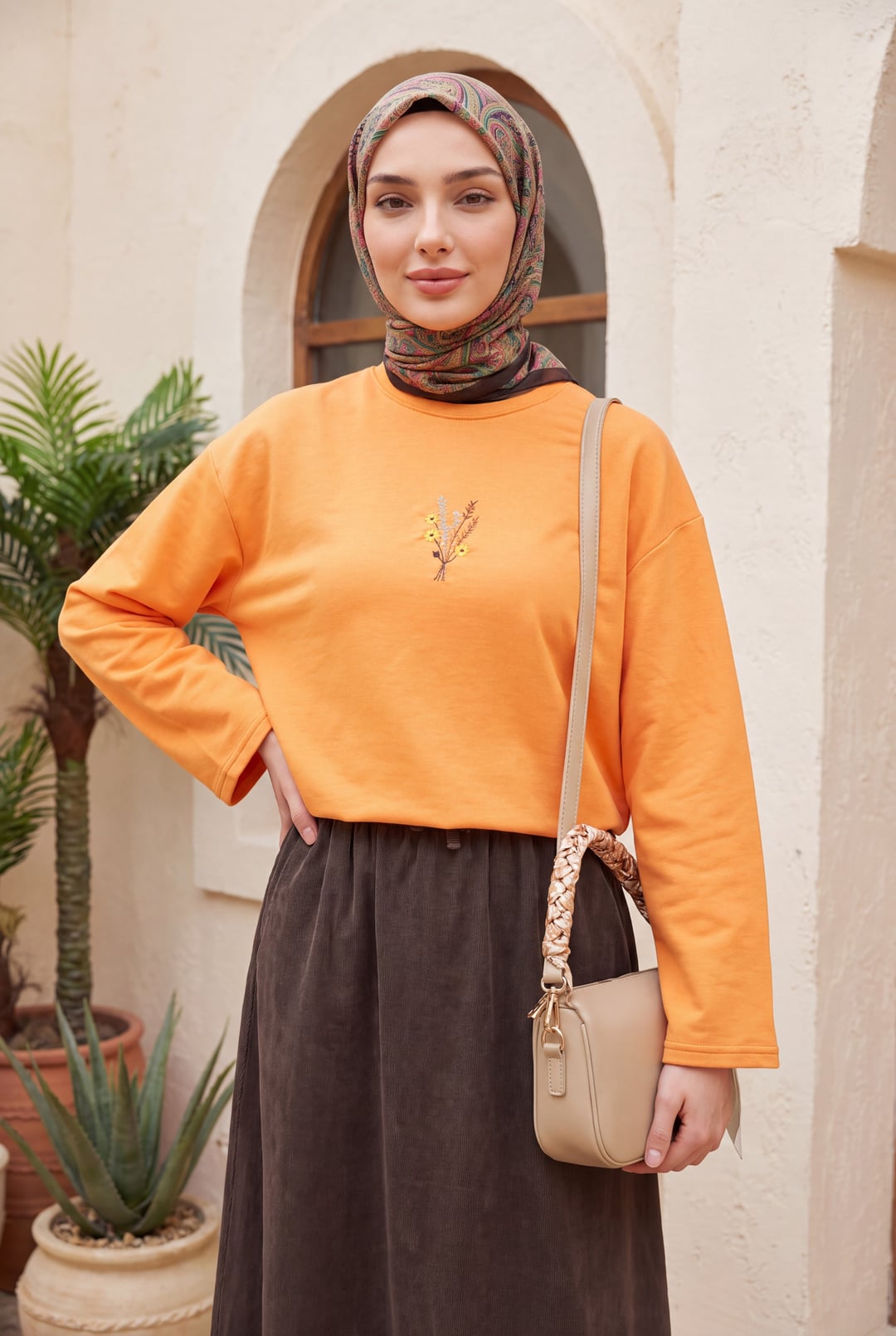 Orange Floral Embroidered Crew Neck Oversize Sweatshirt - Podyumplus - by Peralane - photo 2