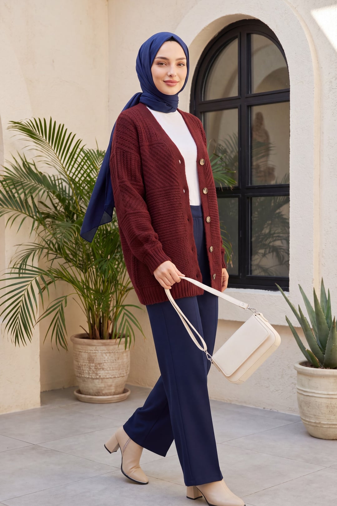 Button-Front V-Neck Relaxed Knit Cardigan - Burgundy - Podyumplus - by Peralane - photo 2