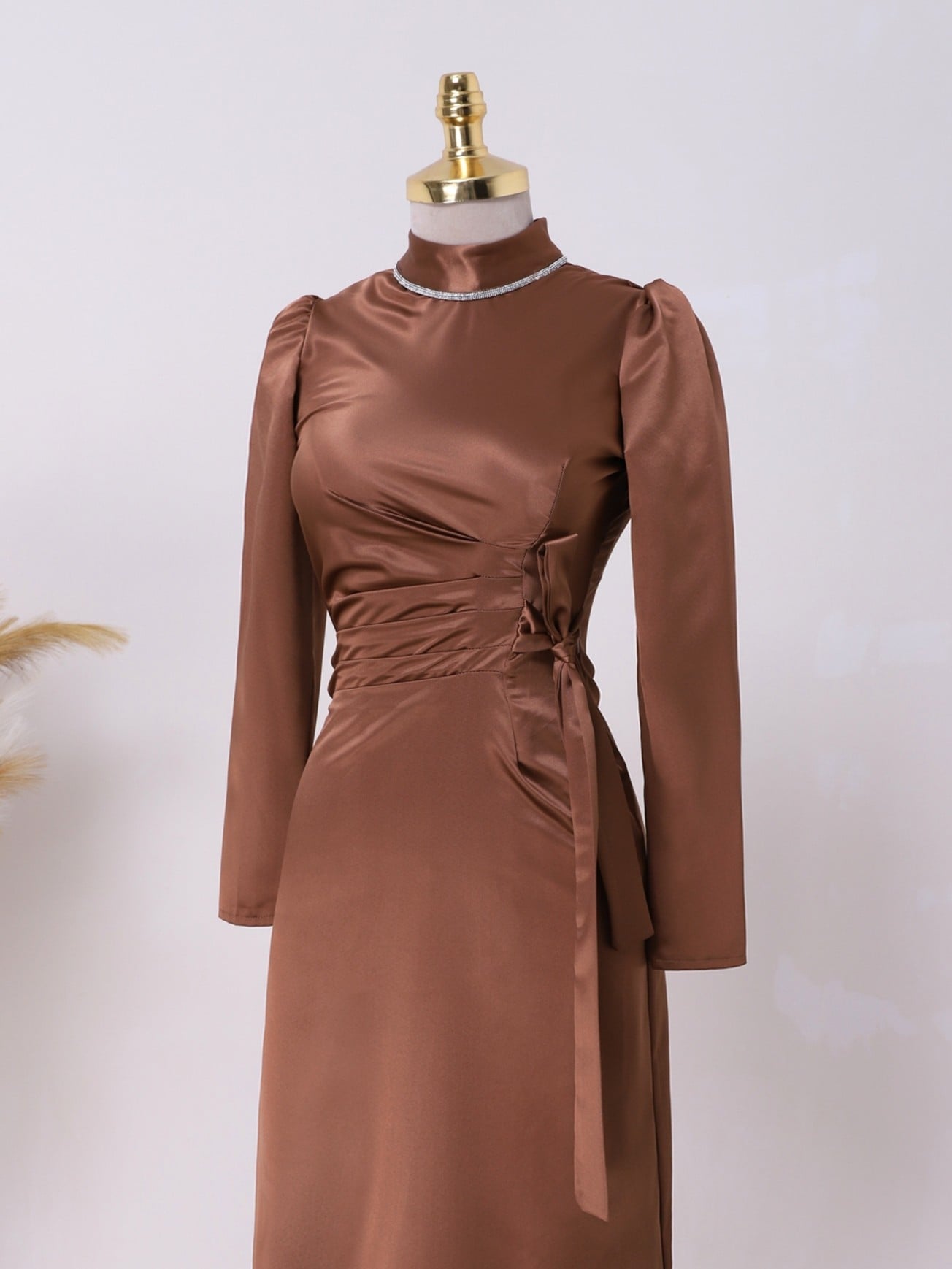Side Ruched and Tie Detail Stone-Collar Satin Dress - Brown - Podyumplus - by Peralane - photo 2