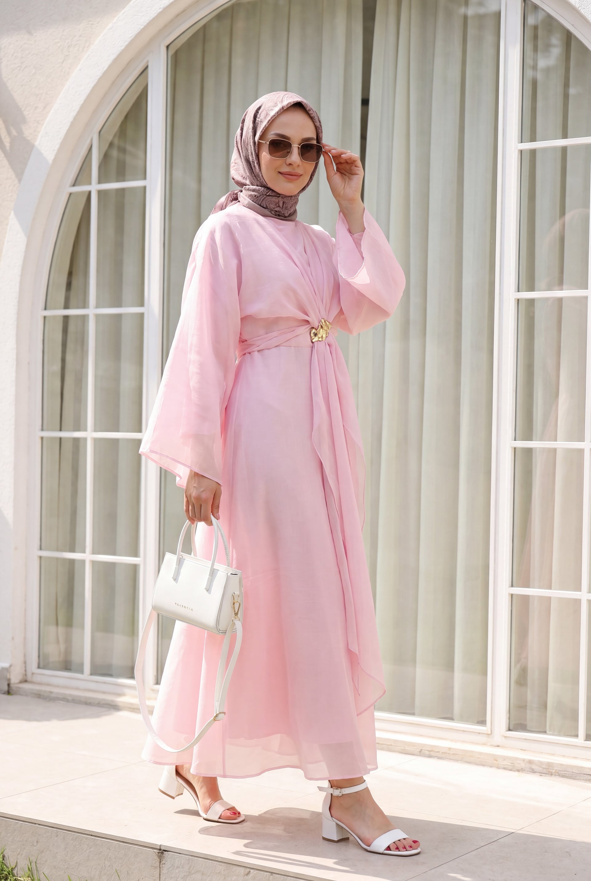Long Tulle Modal Dress with Tie Belt and Detachable Bolero - Pink - Podyumplus - by Peralane - photo 2