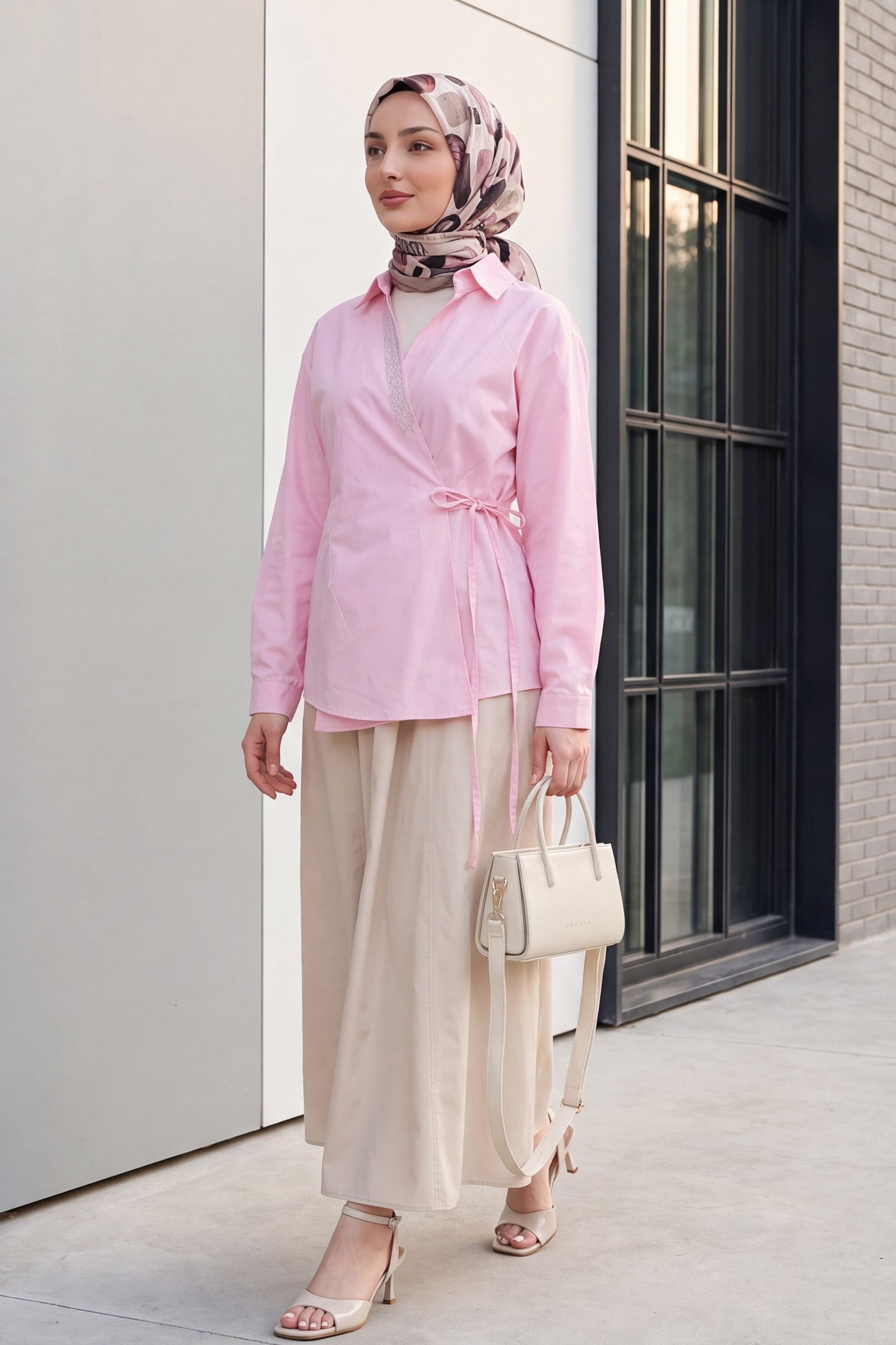 Women's Pink Wrap Poplin Blouse with Stone Details and Side Tie - Podyumplus - by Peralane - photo 6