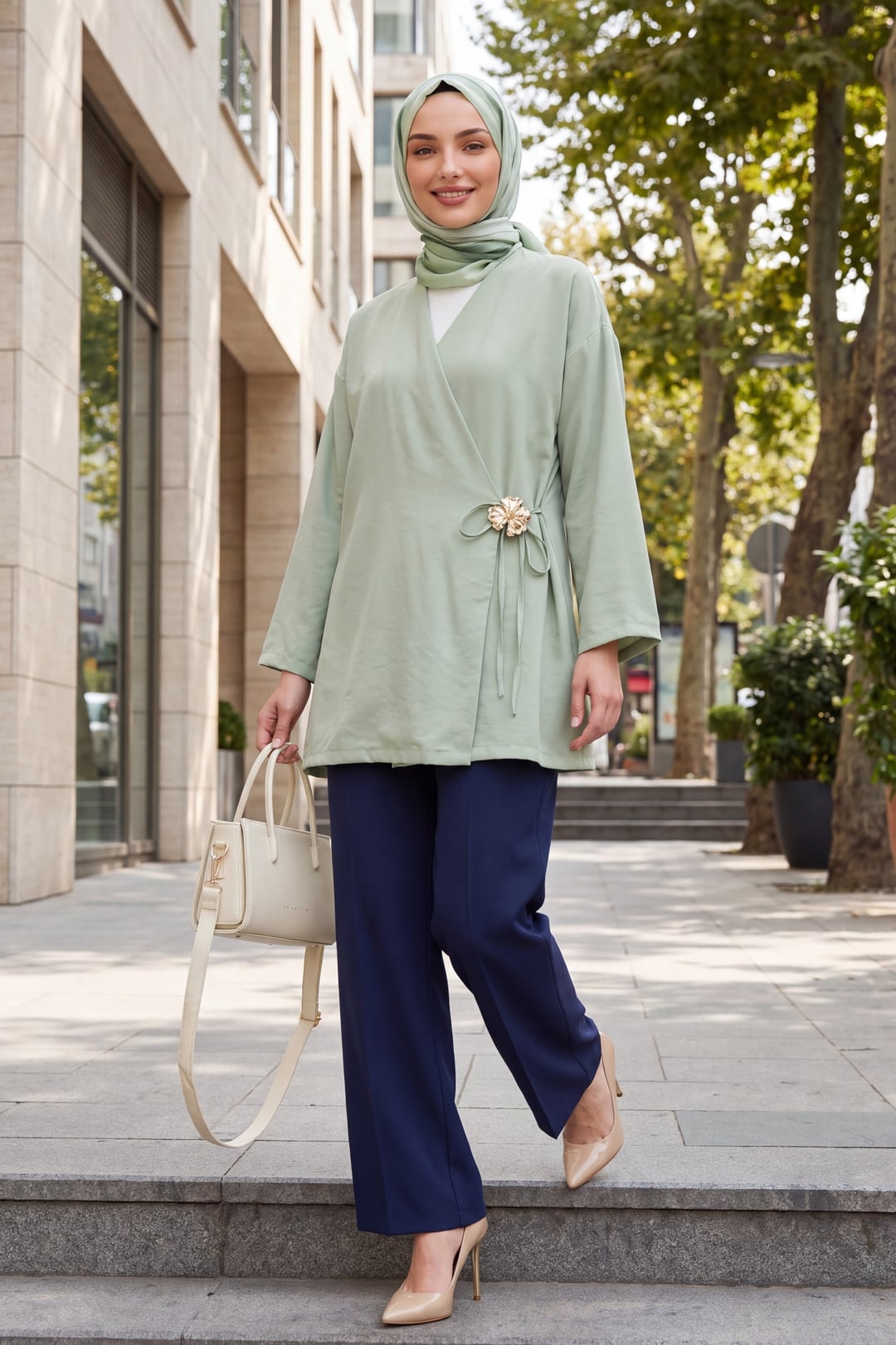 Side Wrap Tie Brooch Modal Tunic in Sage Green - Podyumplus - by Peralane - photo 5