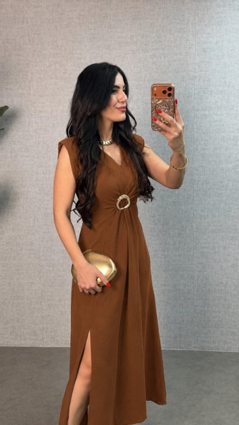 Women's Brown Sleeveless V-Neck Crepe Dress with Gold Ring Detail - Janes - by Peralane