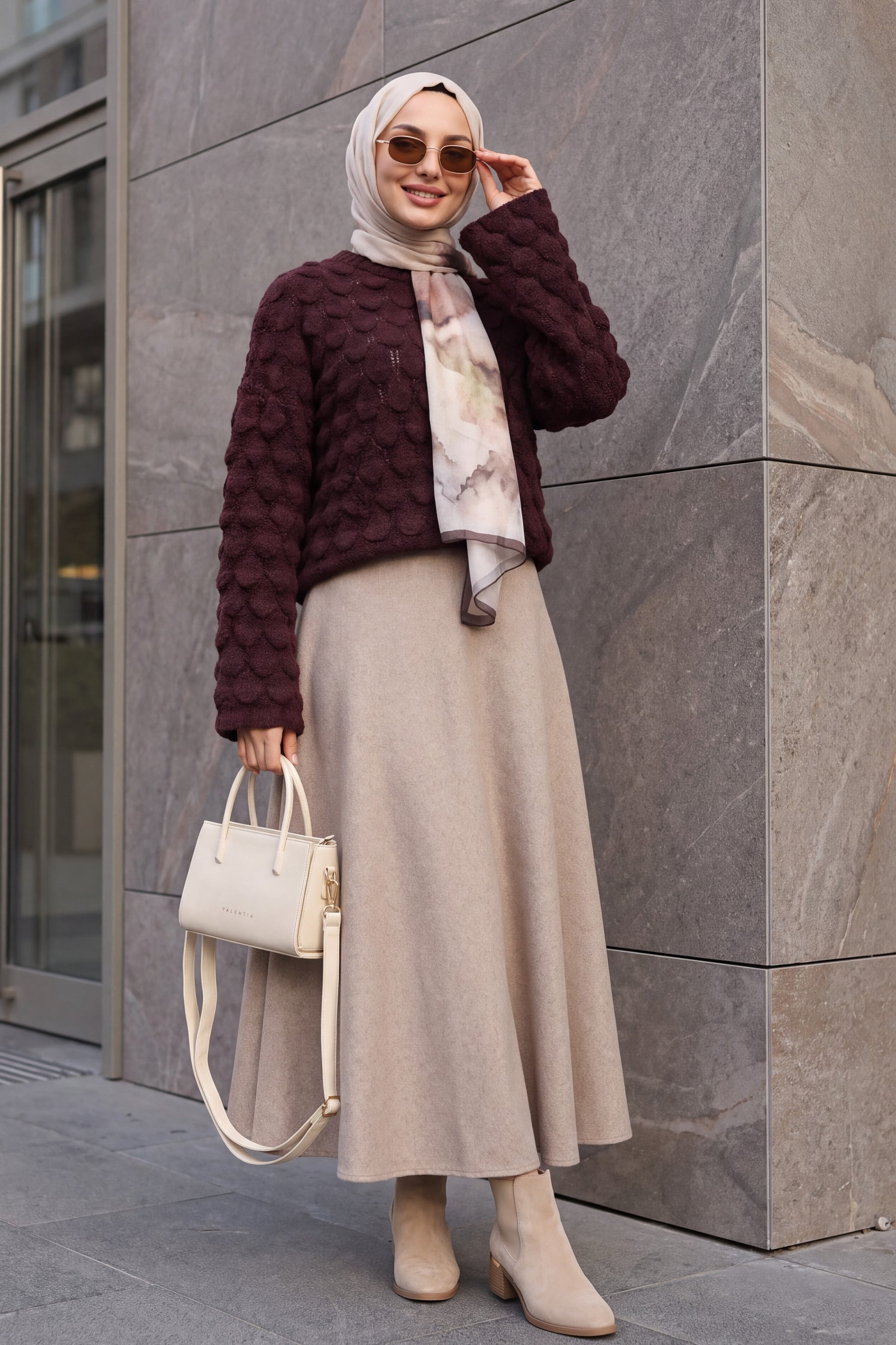 Crew Neck Fish Scale Pattern Relaxed Fit Knit Sweater - Burgundy - Podyumplus - by Peralane - photo 4