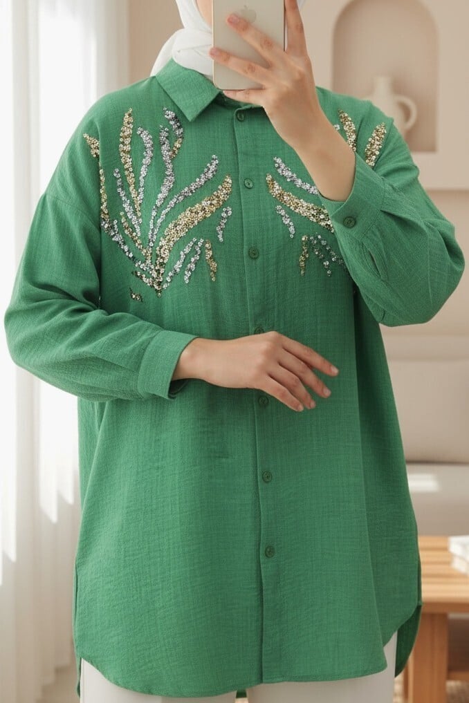 Paillette Sequin Front Button-Down Long Blouse - Forest Green - Podyumplus - by Peralane - photo 3