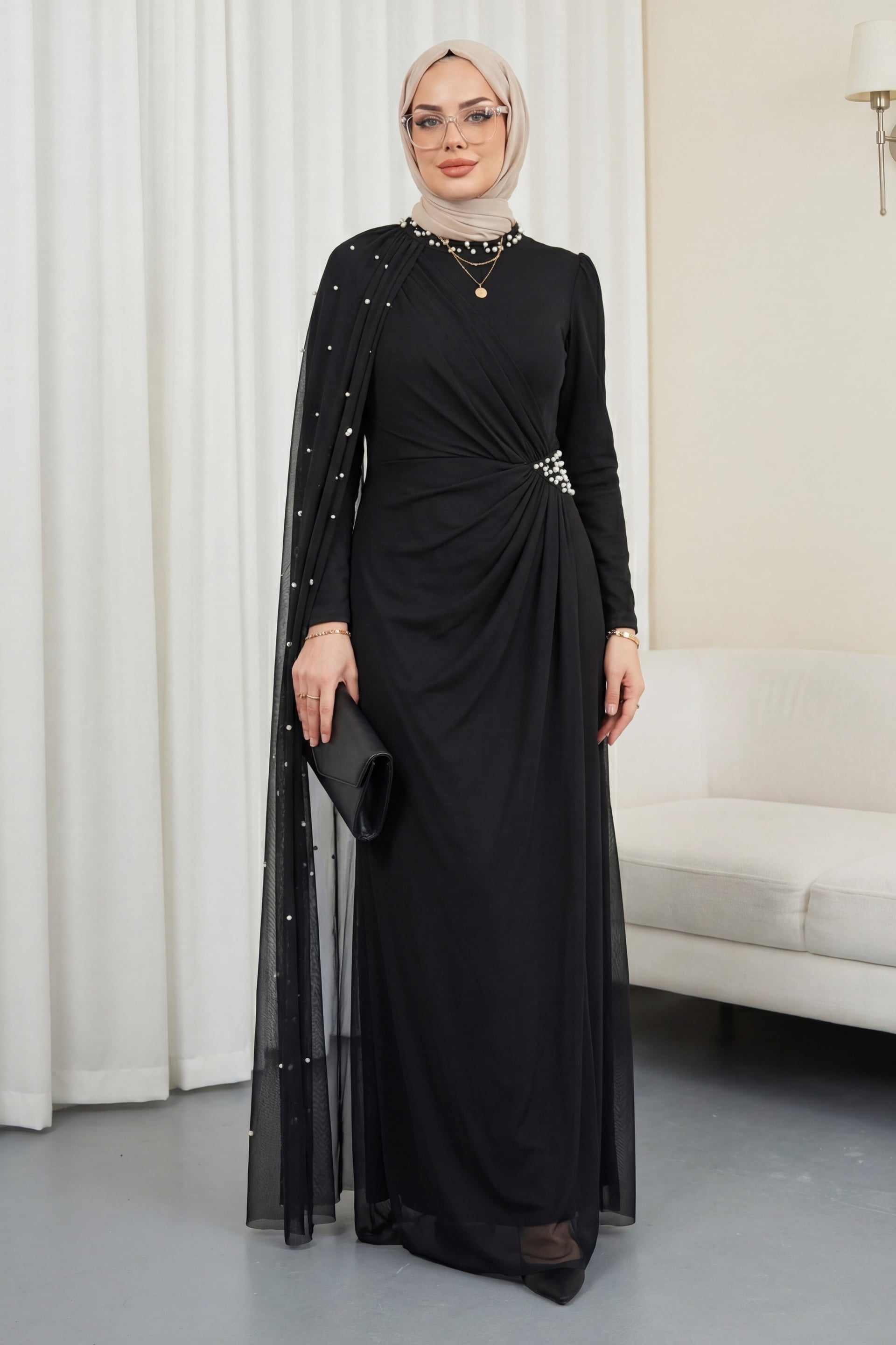 Black Pearl Detail Tulle Cape High Collar Evening Dress - Podyumplus - by Peralane - photo 3