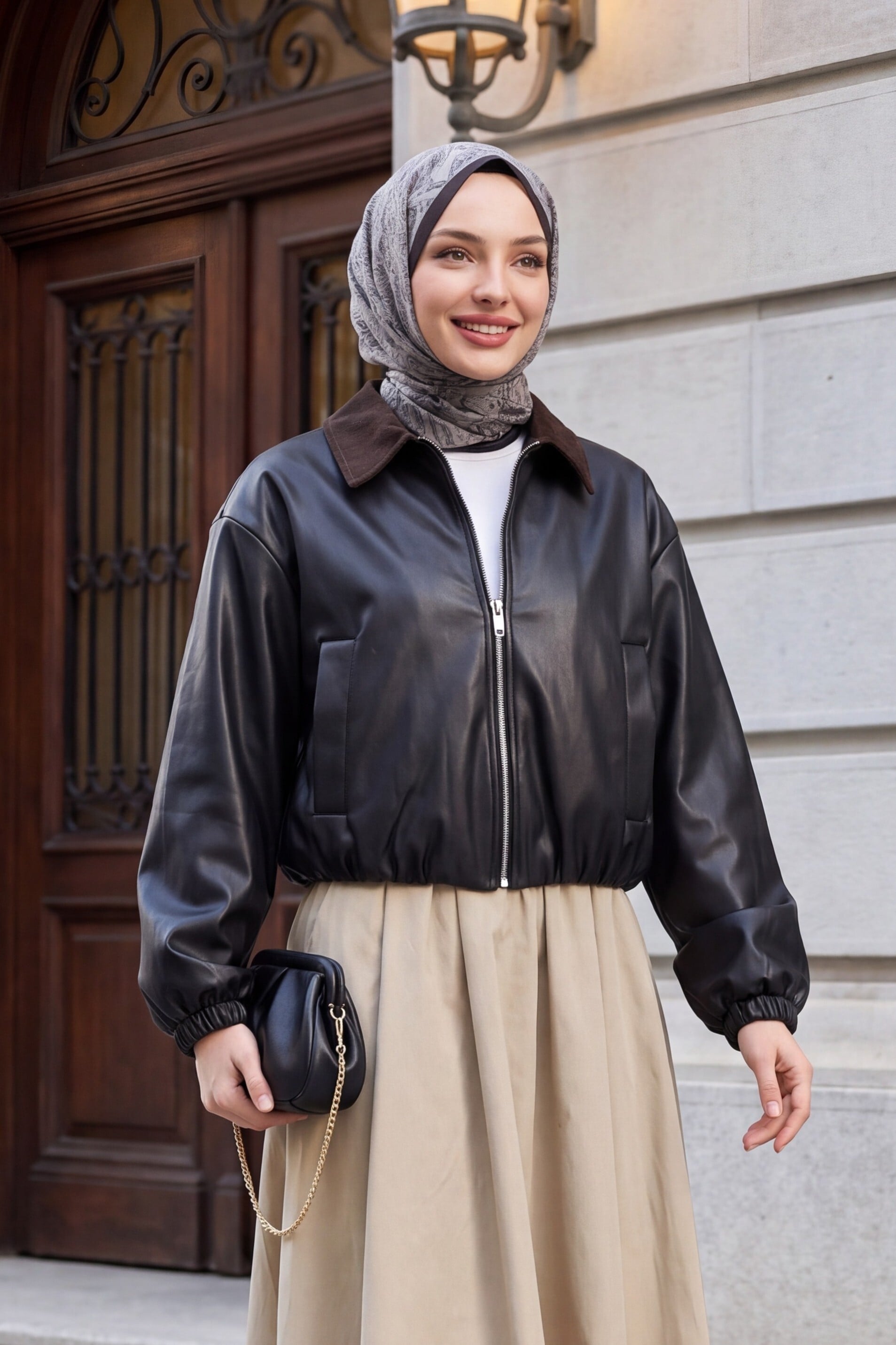 Black Faux Leather Crop Bomber Jacket with Elasticated Waist and Cuffs - Podyumplus - by Peralane - photo 2
