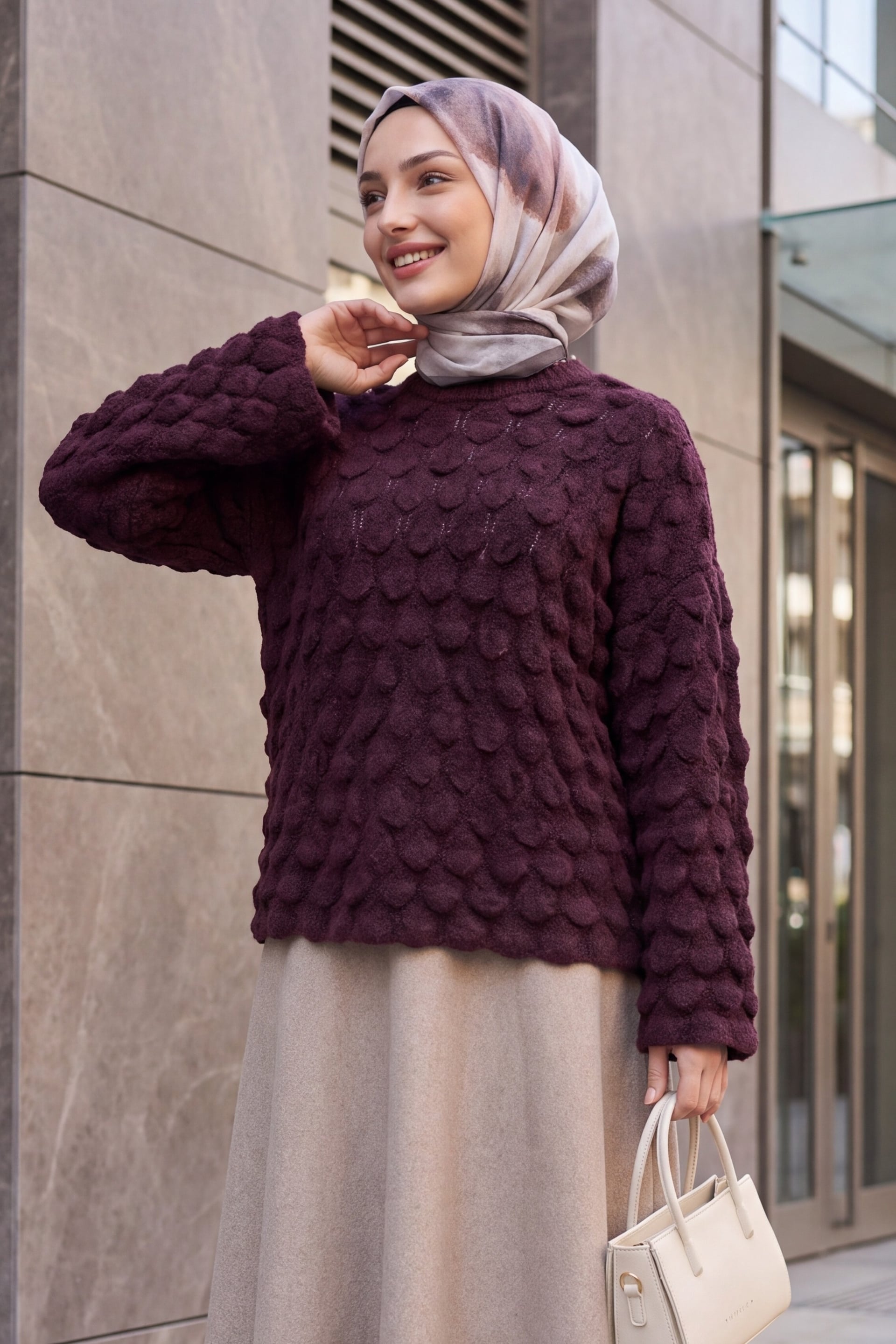 Crew Neck Fish Scale Pattern Relaxed Fit Knit Sweater - Burgundy - Podyumplus - by Peralane