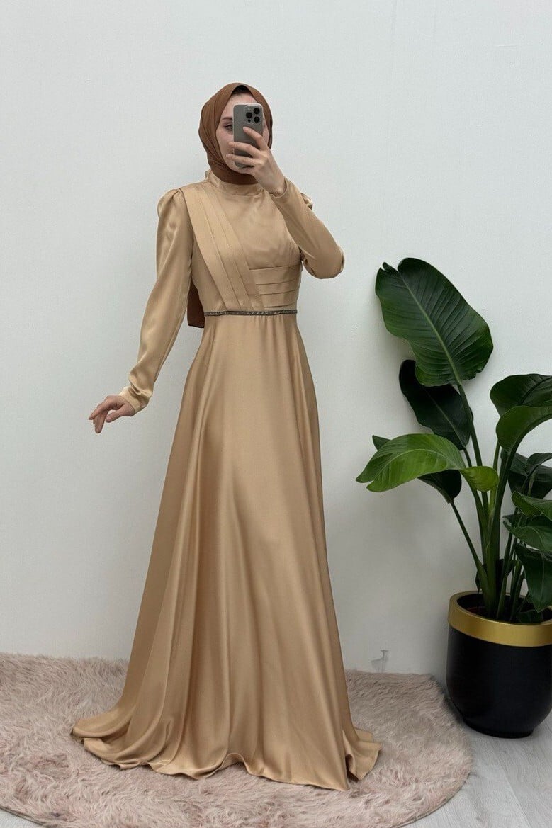 Beaded Belt Satin Evening Dress with Draped Front - Champagne - Podyumplus - by Peralane - photo 2