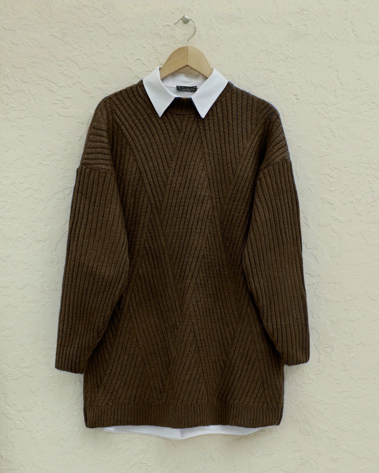 Women's Brown Ribbed Knit Chevron Tunic - Podyumplus - by Peralane - photo 5