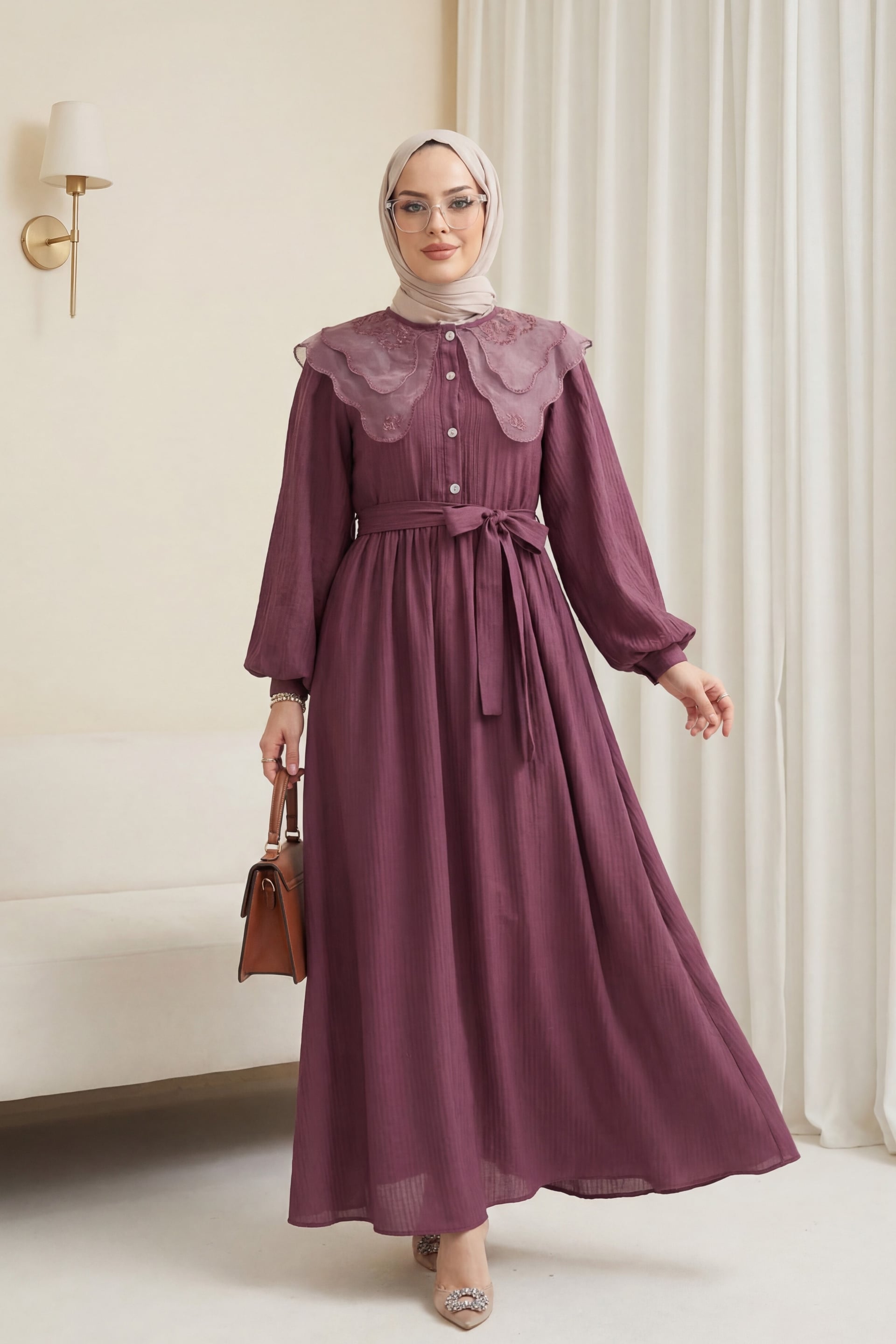 Organza Baby Collar Stone Button Crinkle Dress - Plum - Podyumplus - by Peralane