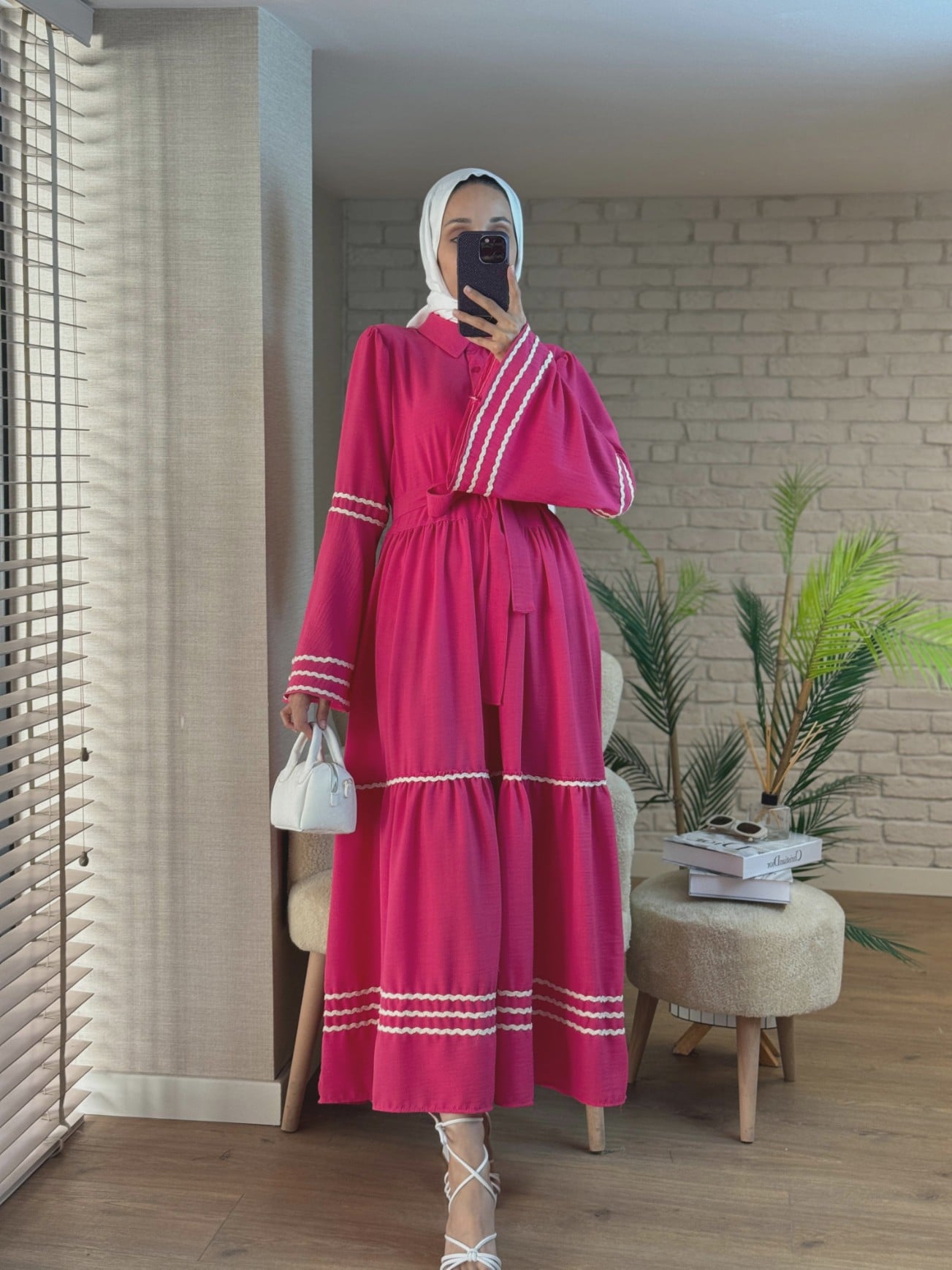 Fuchsia Tiered Modest Dress with Bell Sleeves and White Trim - Podyumplus - by Peralane - photo 2