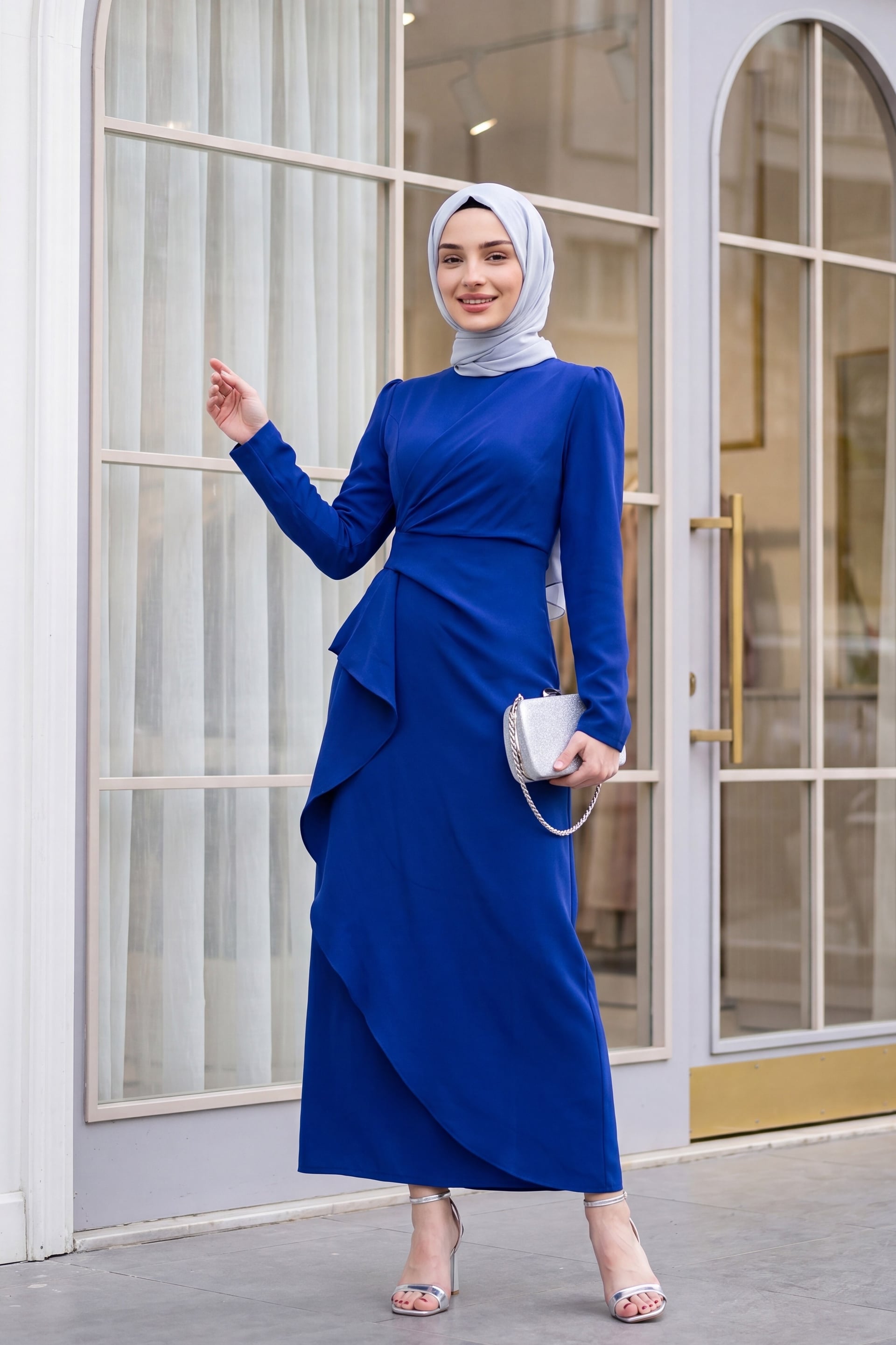 Crew Neck Asymmetric Crepe Dress in Saks - Long Sleeve - Podyumplus - by Peralane