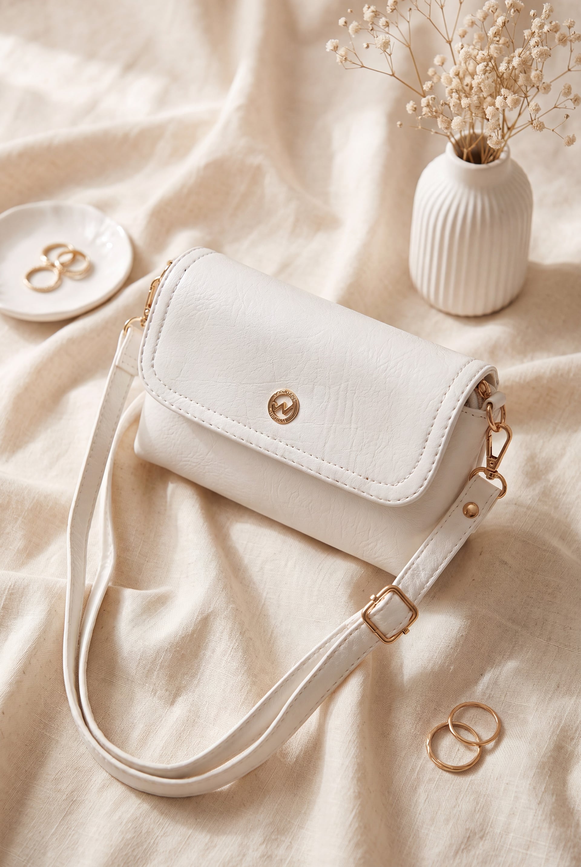 White Faux Leather Double-Compartment Crossbody Bag - Podyumplus - by Peralane