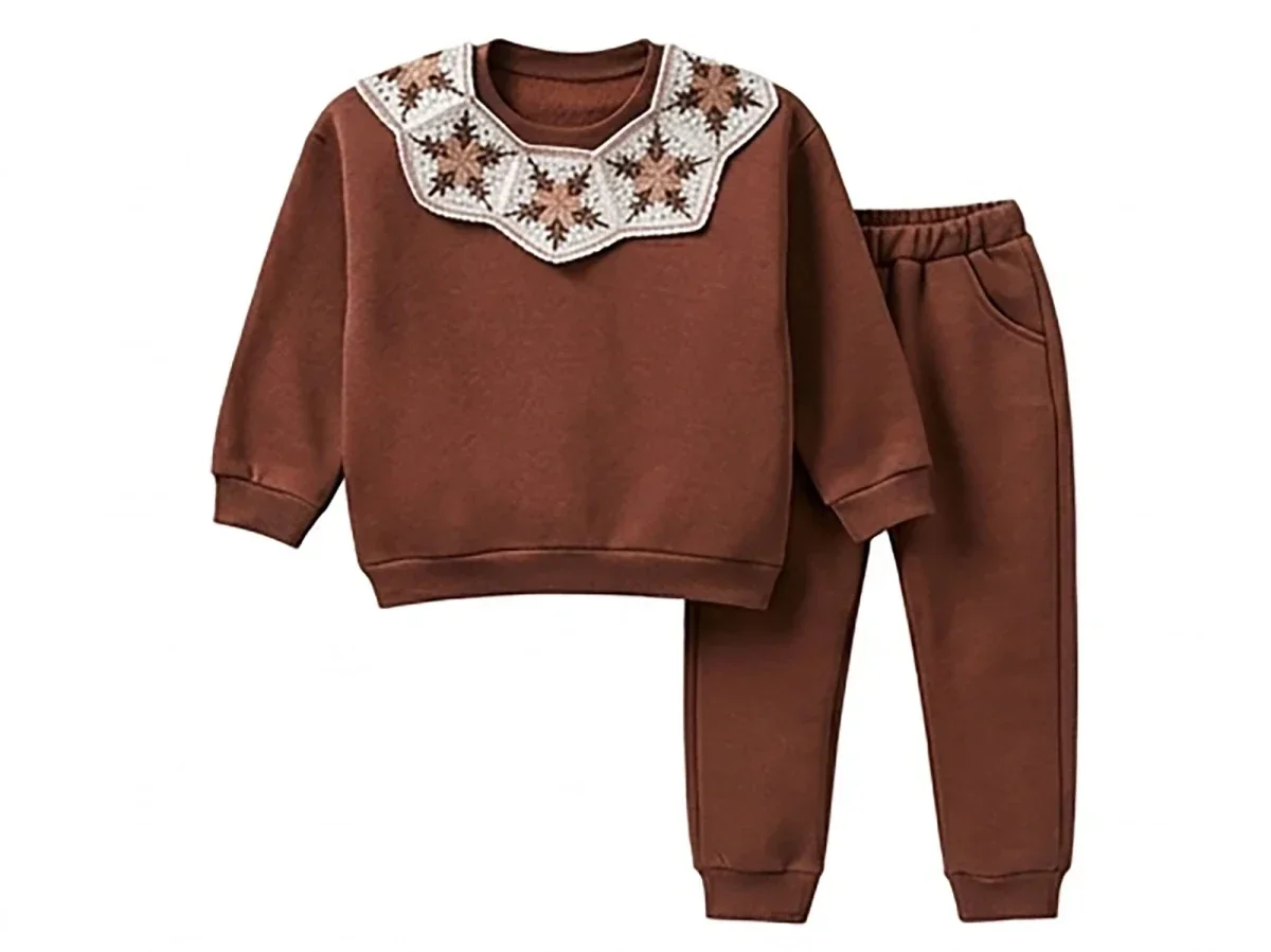 Girls' Brown 3-Thread Fleece Sweatshirt and Trousers Set - Vovido - by Peralane