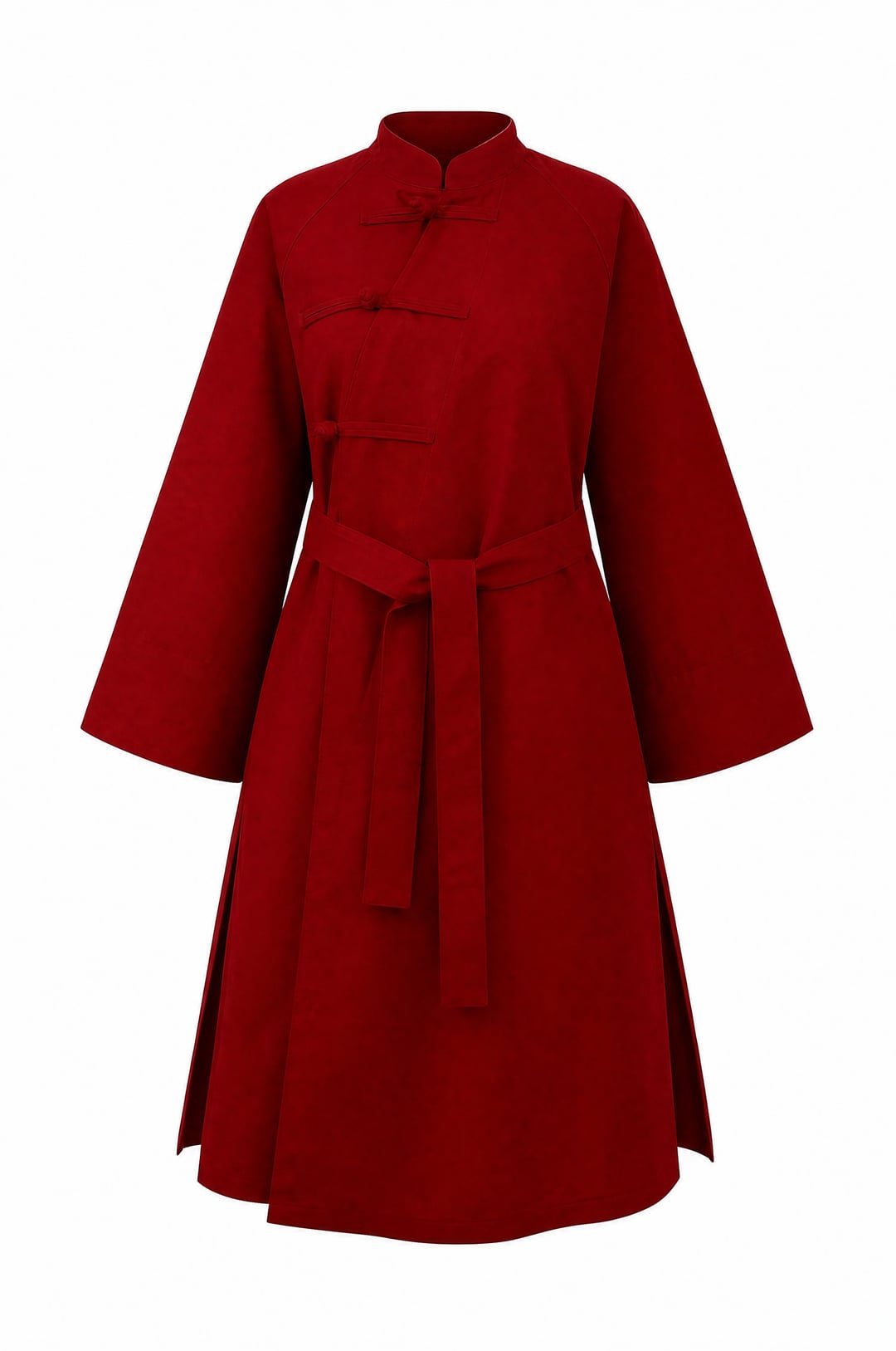 Red Mandarin Collar Belted Trench Coat with Frog Closures - Podyumplus - by Peralane - photo 6