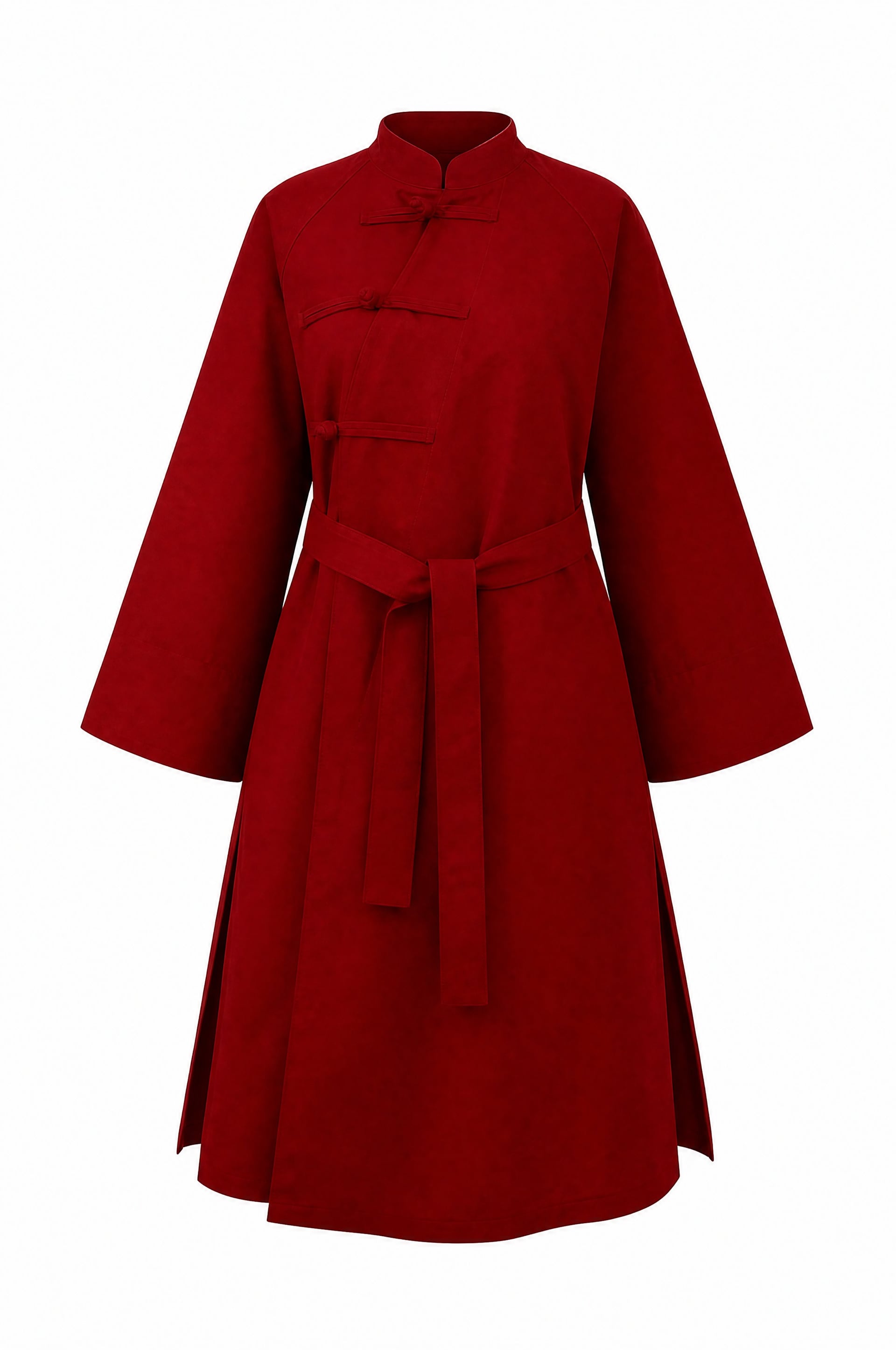 Red Mandarin Collar Belted Trench Coat with Frog Closures - Podyumplus - by Peralane - photo 6