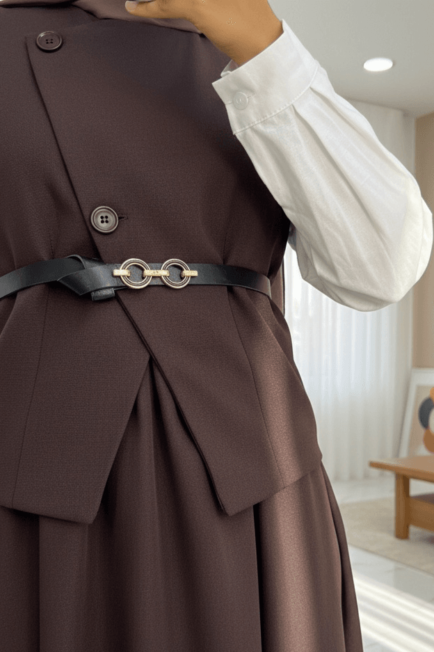 Cross Button Belted Vest and Skirt Set in Brown | Modest Two-Piece Set - Podyumplus - by Peralane - photo 5