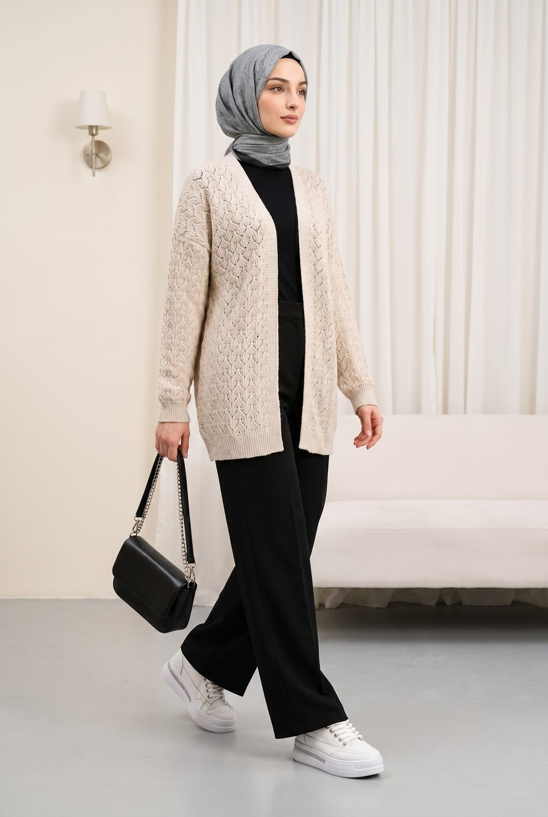Open Front Textured Knit Cardigan - Stone - Podyumplus - by Peralane - photo 3