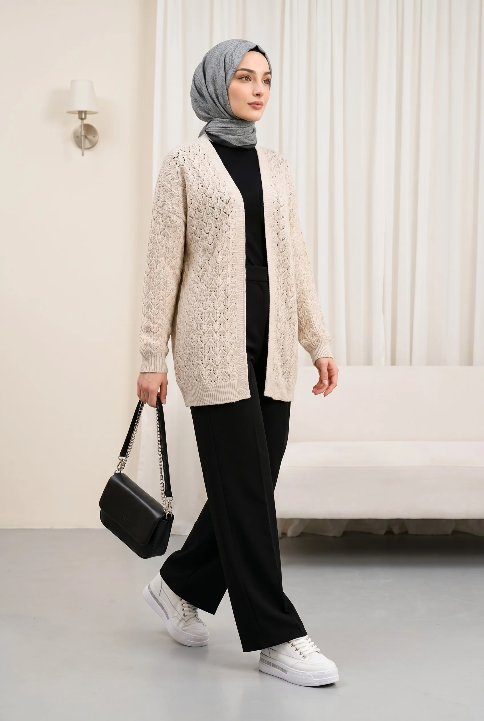 Open Front Textured Knit Cardigan - Stone - Podyumplus - by Peralane - photo 3