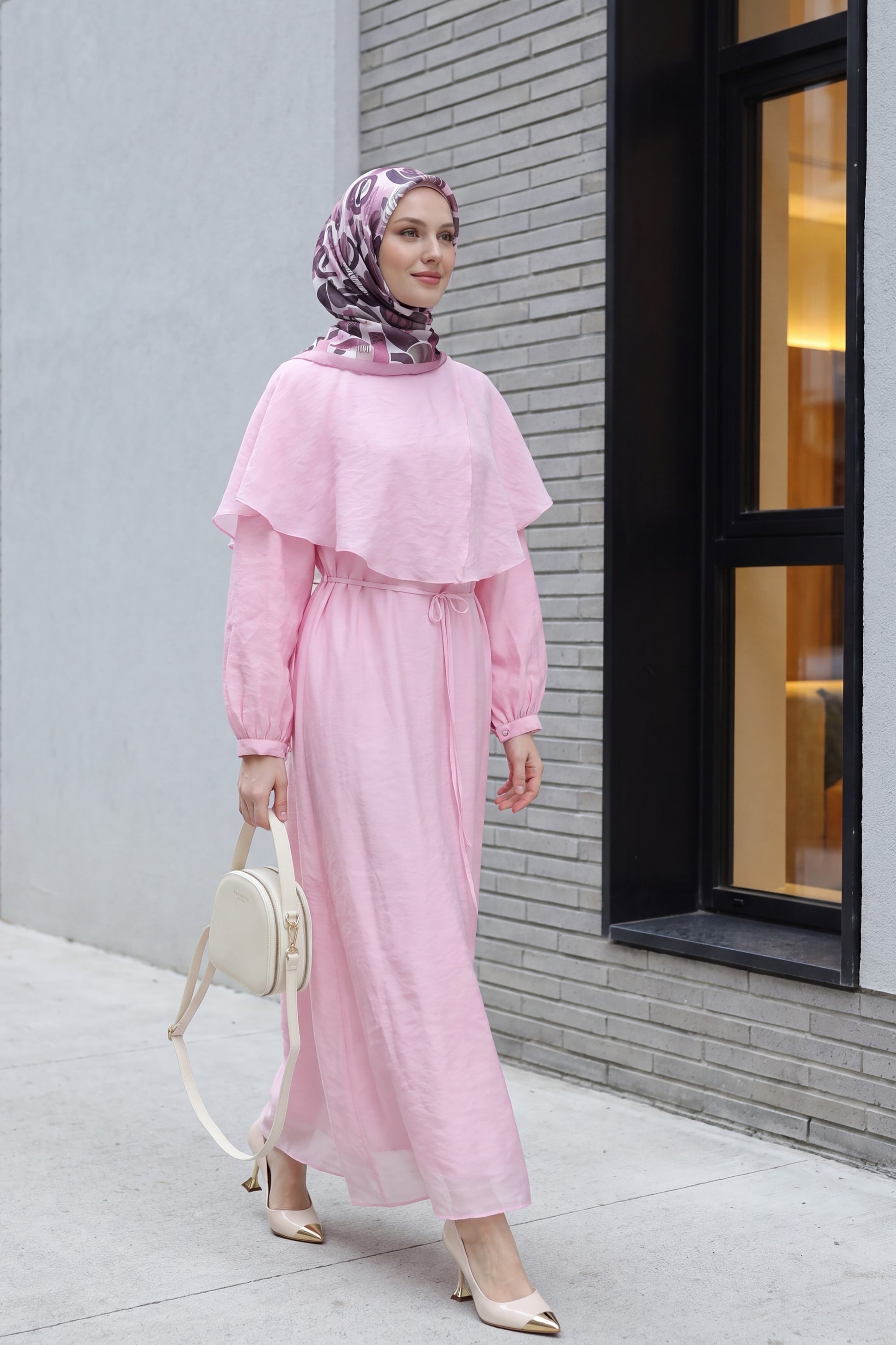 Pink Cape Detail Lined Belted Tulle Modal Dress - Women - Podyumplus - by Peralane - photo 5