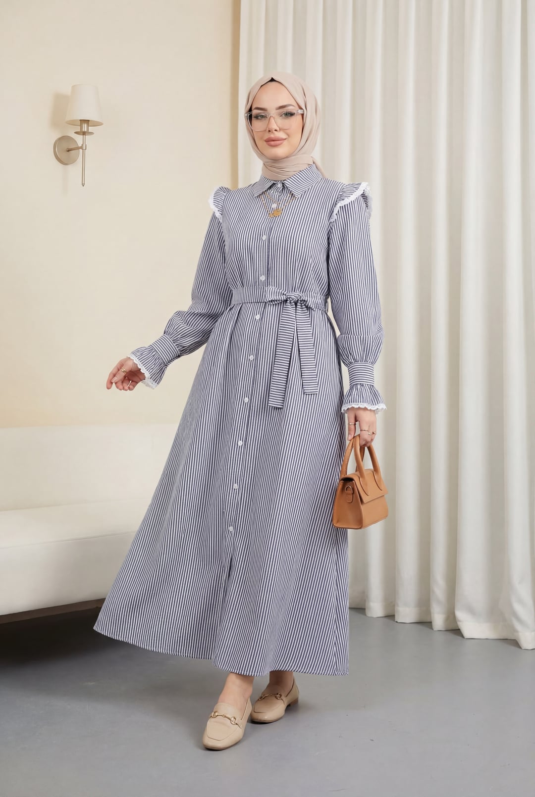 Button-Front Lace Detail Belted Dress - Navy - Podyumplus - by Peralane
